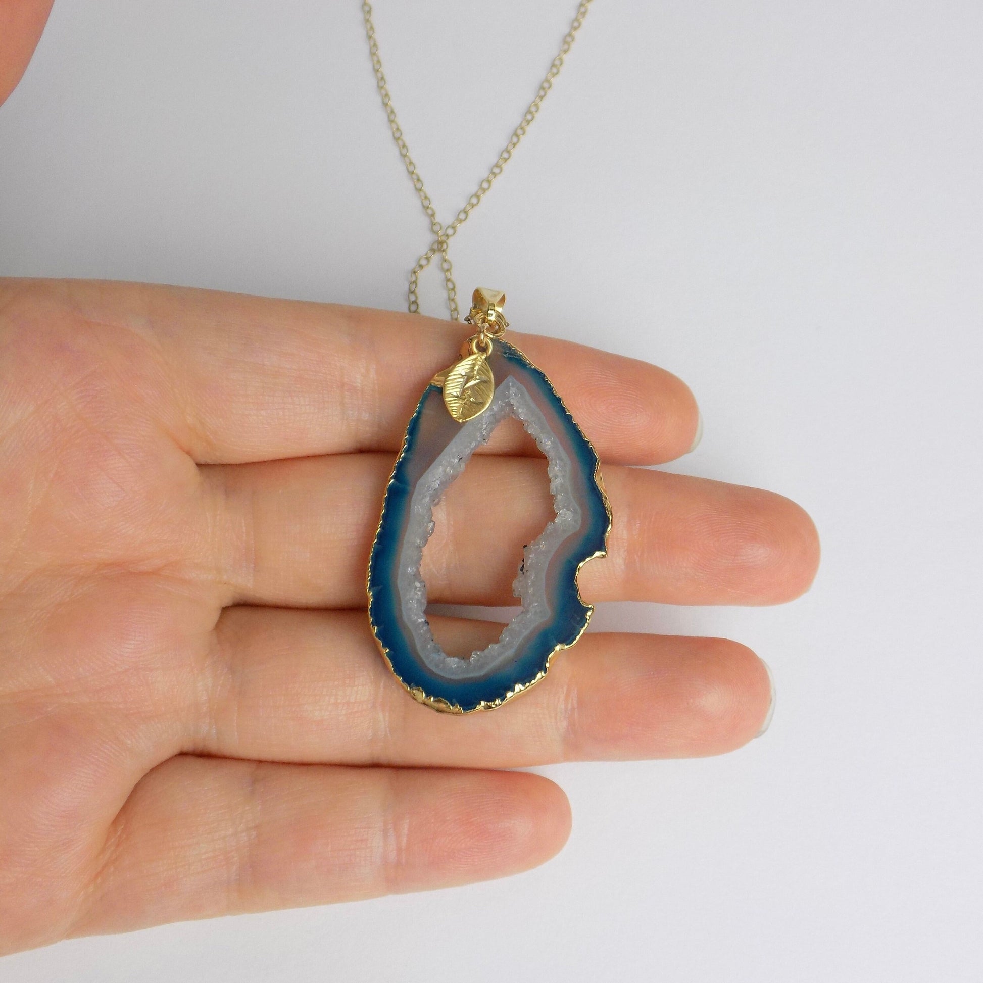 Natural Geode Slice Crystal Necklace in Teal Blue Gold Dipped with Custom Stamped Initial, G14-843