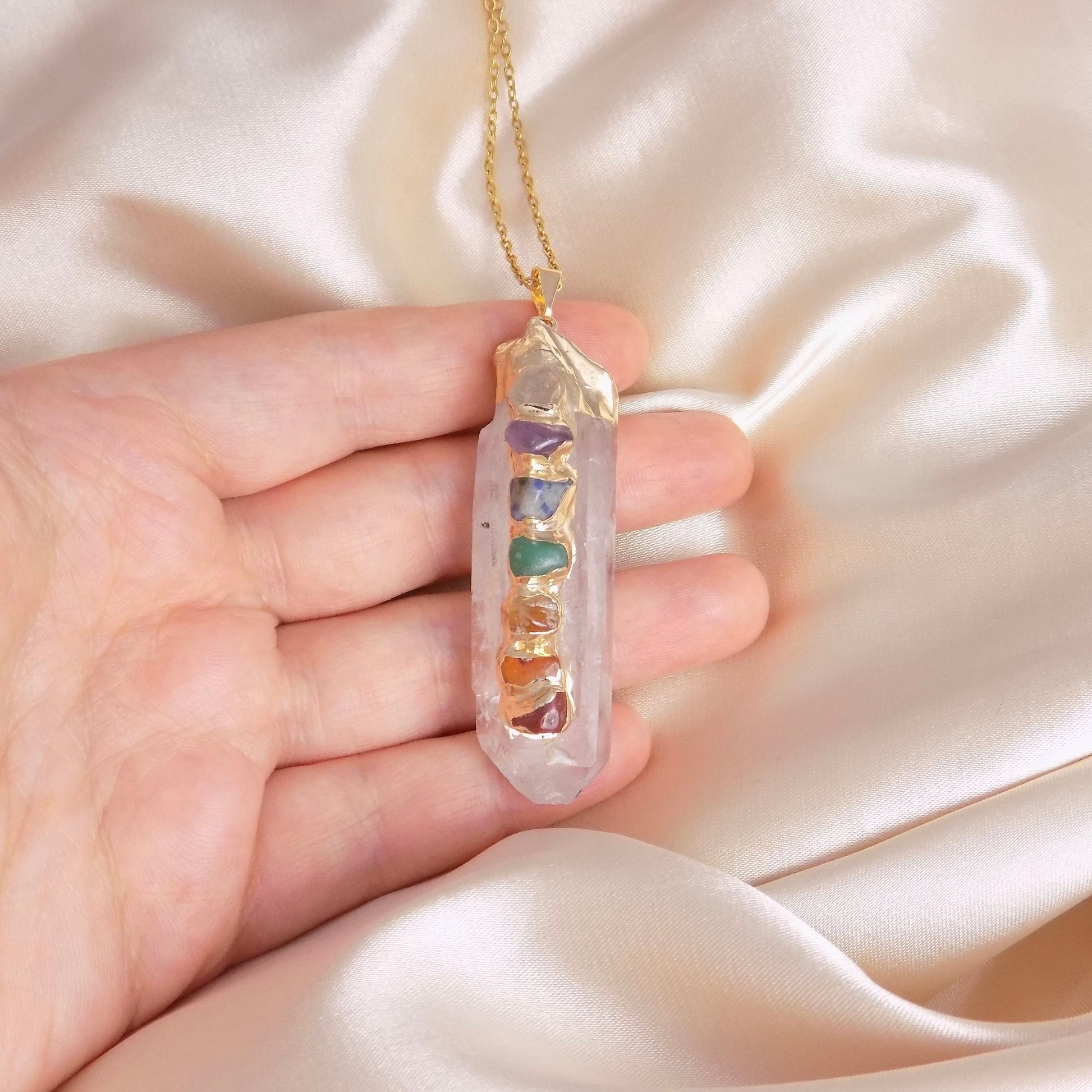 Seven Chakra Crystal Necklace Gold, Boho Large Gemstone Pendant, Christmas Gifts For Her, G13-548