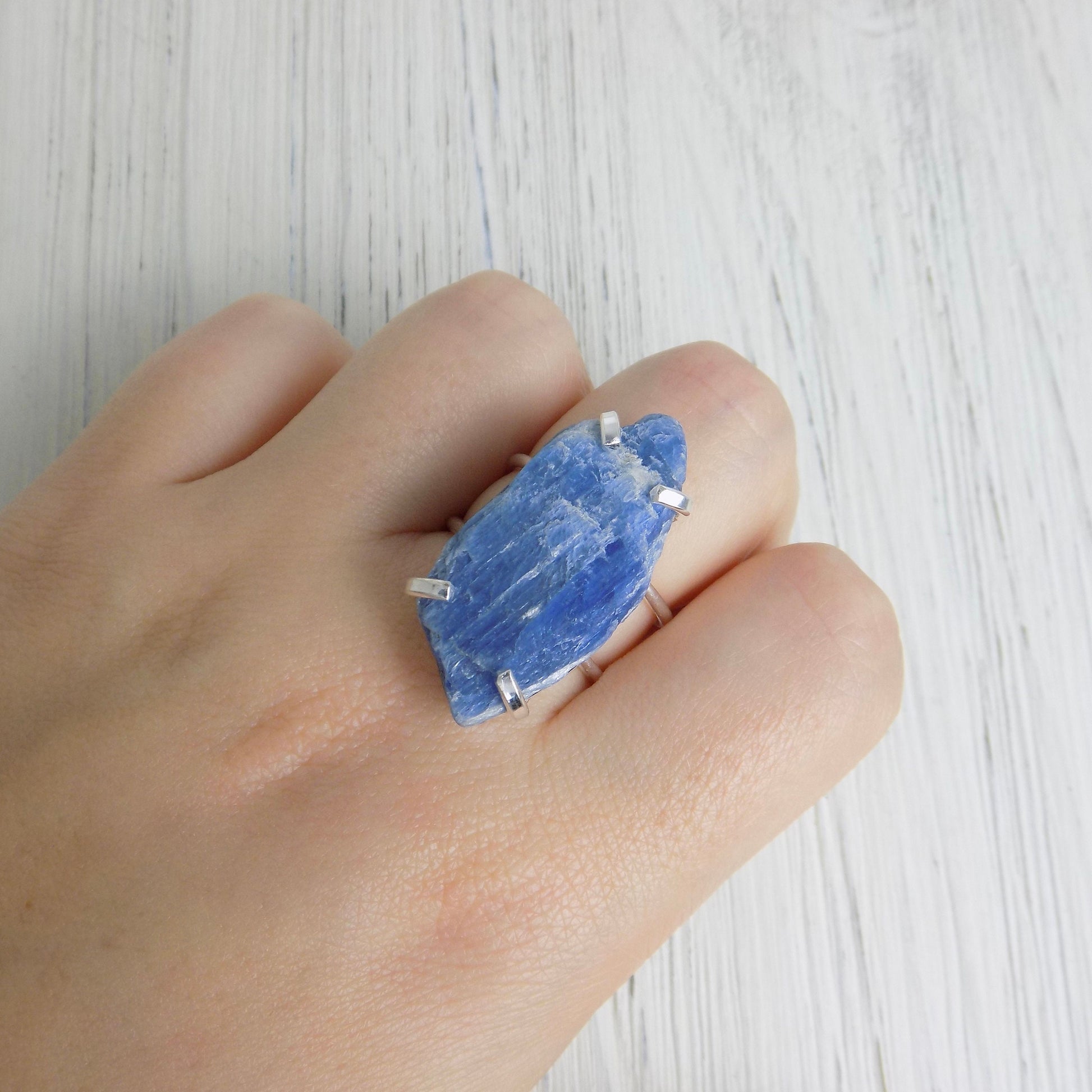 Raw Blue Kyanite Ring Silver, Adjustable Crystal Ring Large, Gifts Women, G13-355