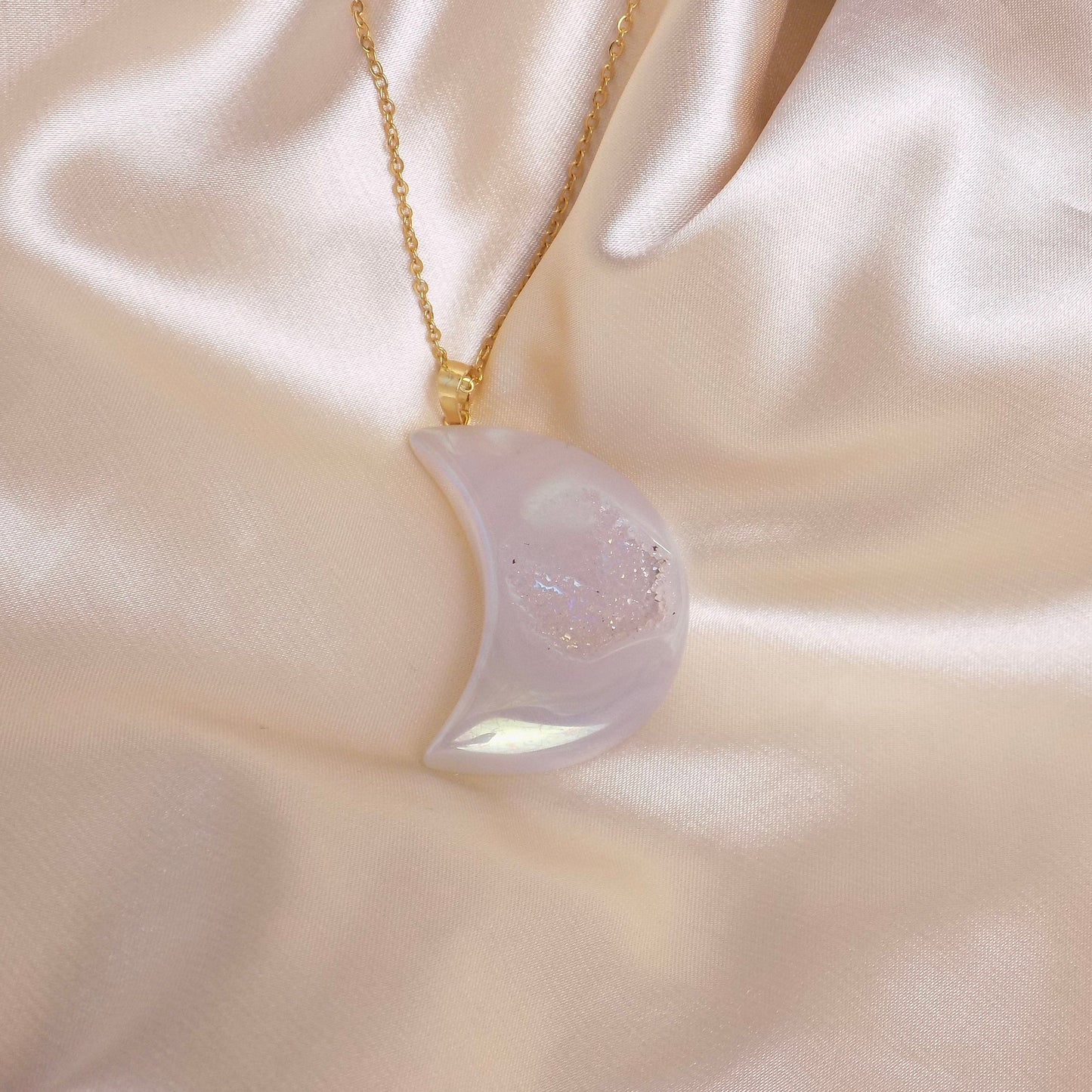 Aura Quartz Geode Necklace Gold, Unique Iridescent Crescent Moon Crystal Jewelry Boho, Gift For Her, M7-63
