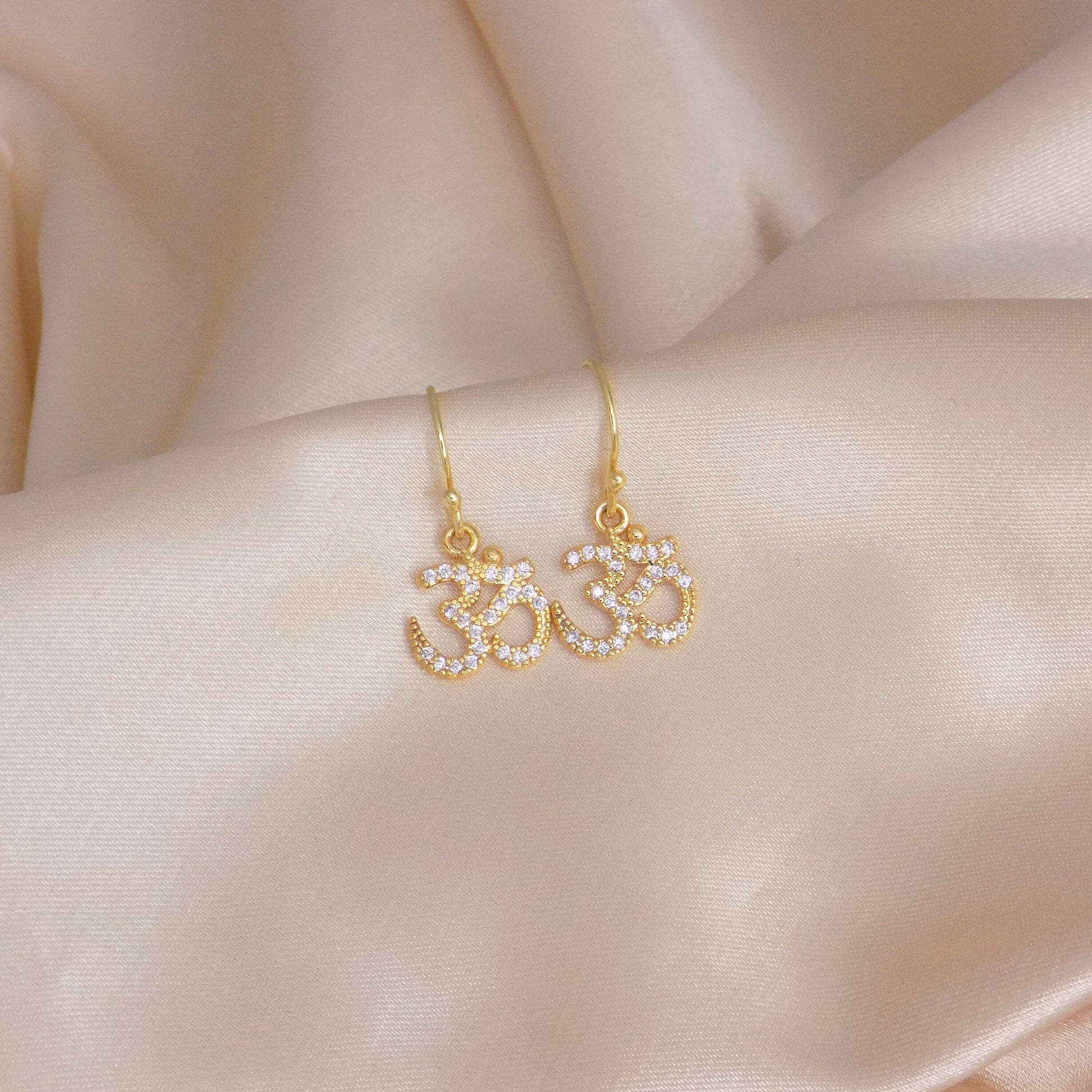 Gift Women, Gold Ohm Om Minimalist Earrings Zircon, Delicate CZ Drop Earring, M5-611