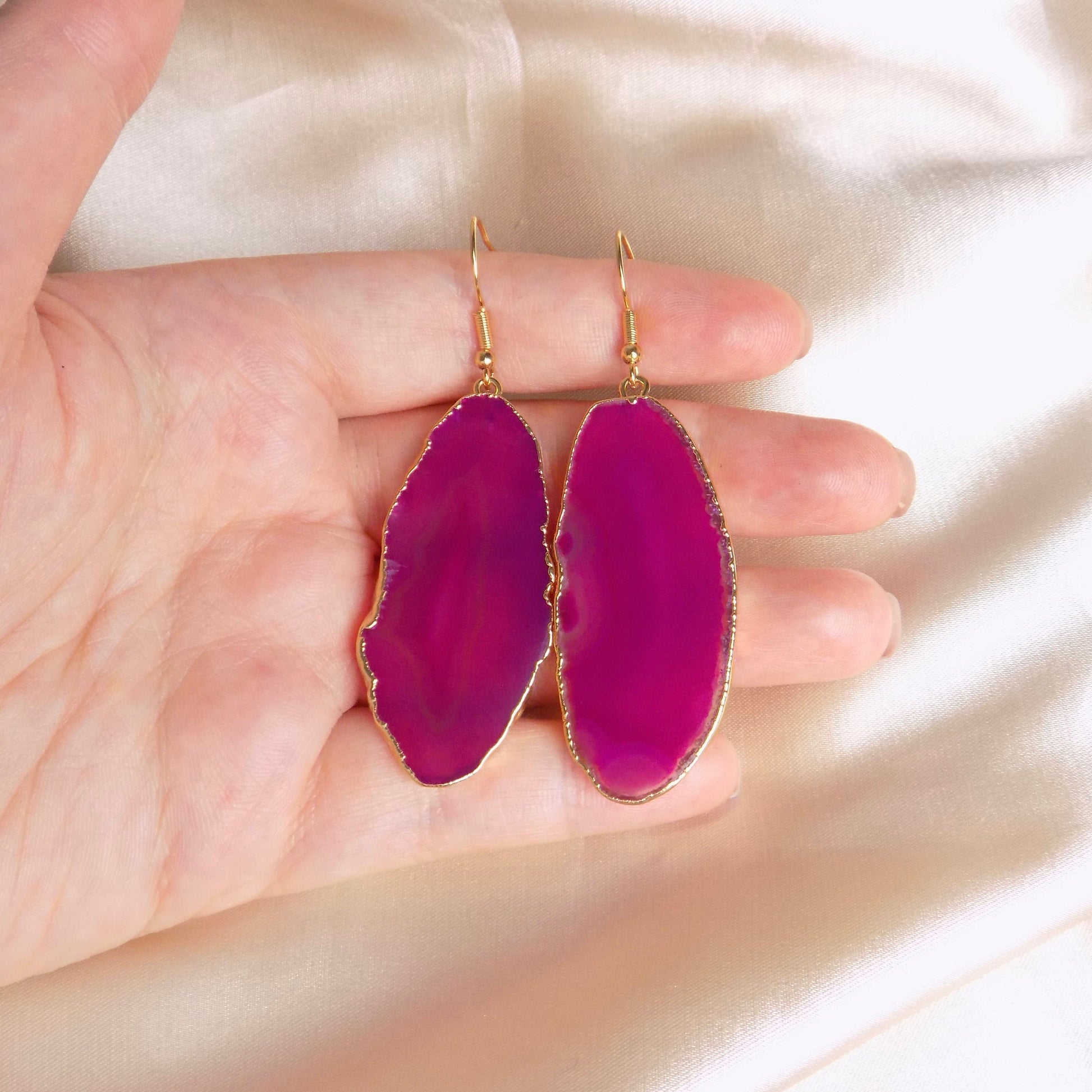 Hot Pink Agate Earrings, Large Statement Jewelry, Christmas Gifts Women, G15-145