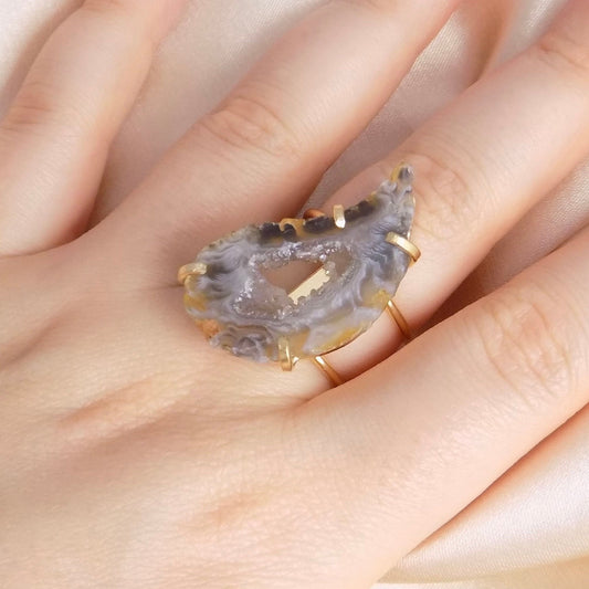 Geode Slice Ring Gold Plated Adjustable, Large Gray Crystal Cocktail Ring For Women, G15-01