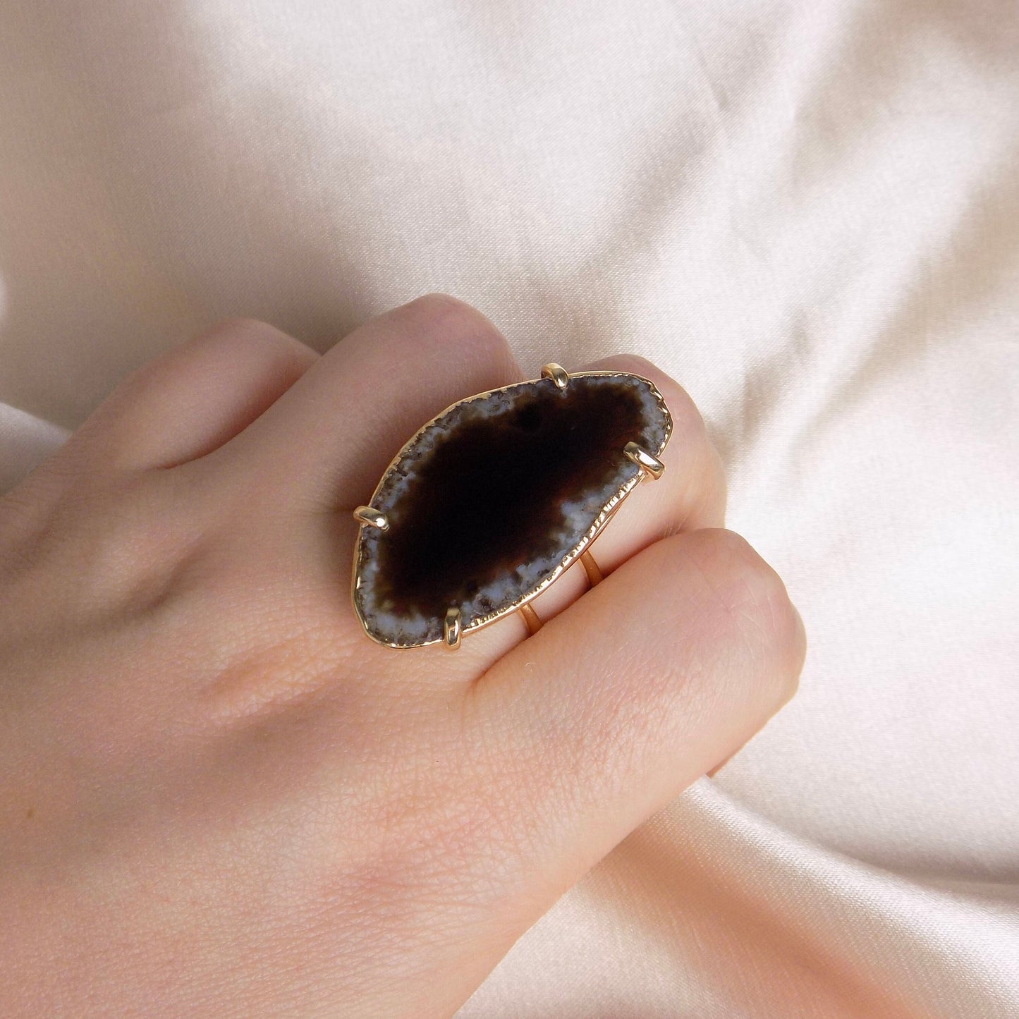 Boho Agate Ring Black, Natural Geode Ring Adjustable, Large Crystal Ring, Gift Women, G15-84