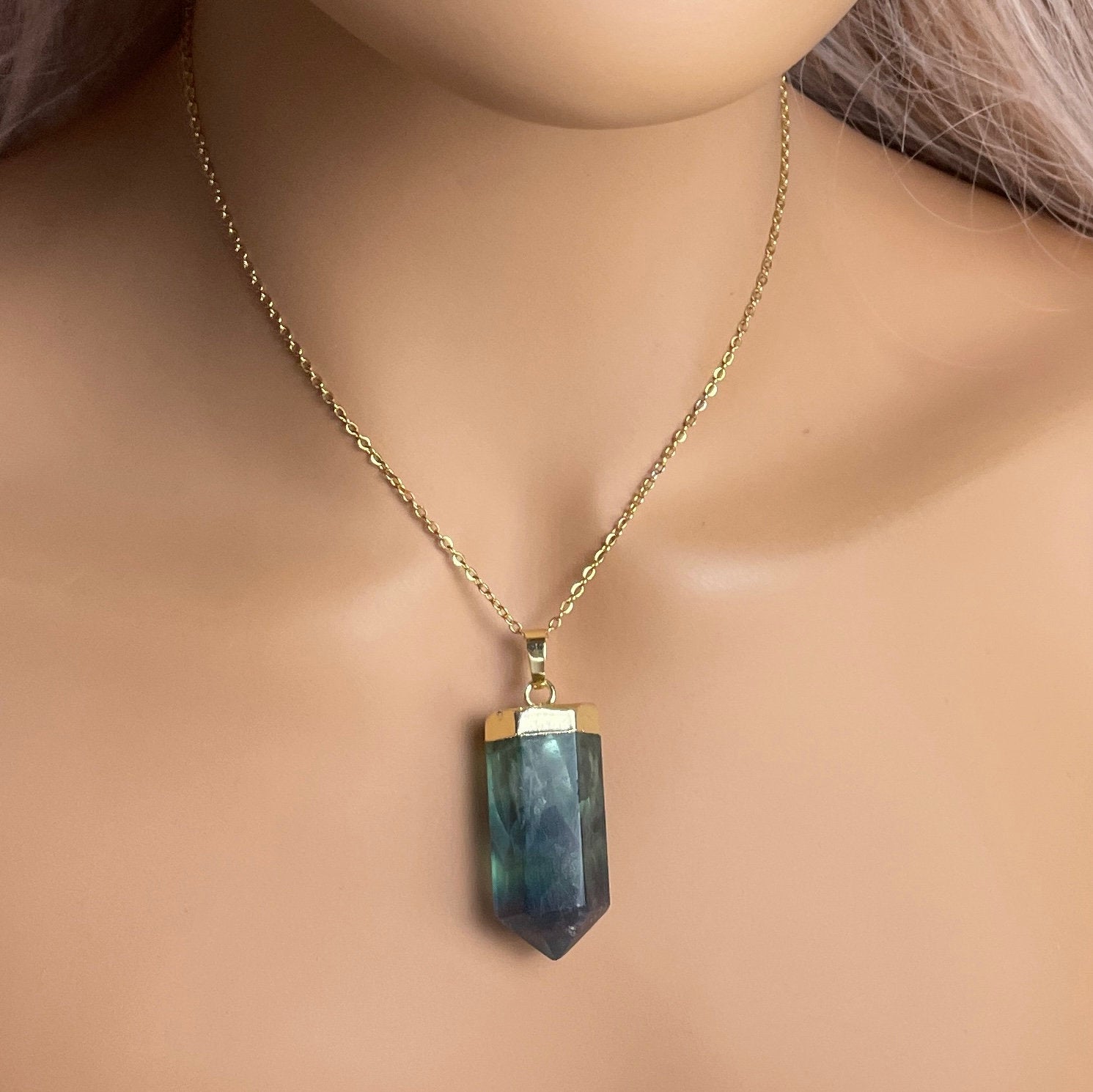 Christmas Gift - Green Fluorite Necklace Gold - Raw Crystal Point Necklace Boho - M7-145