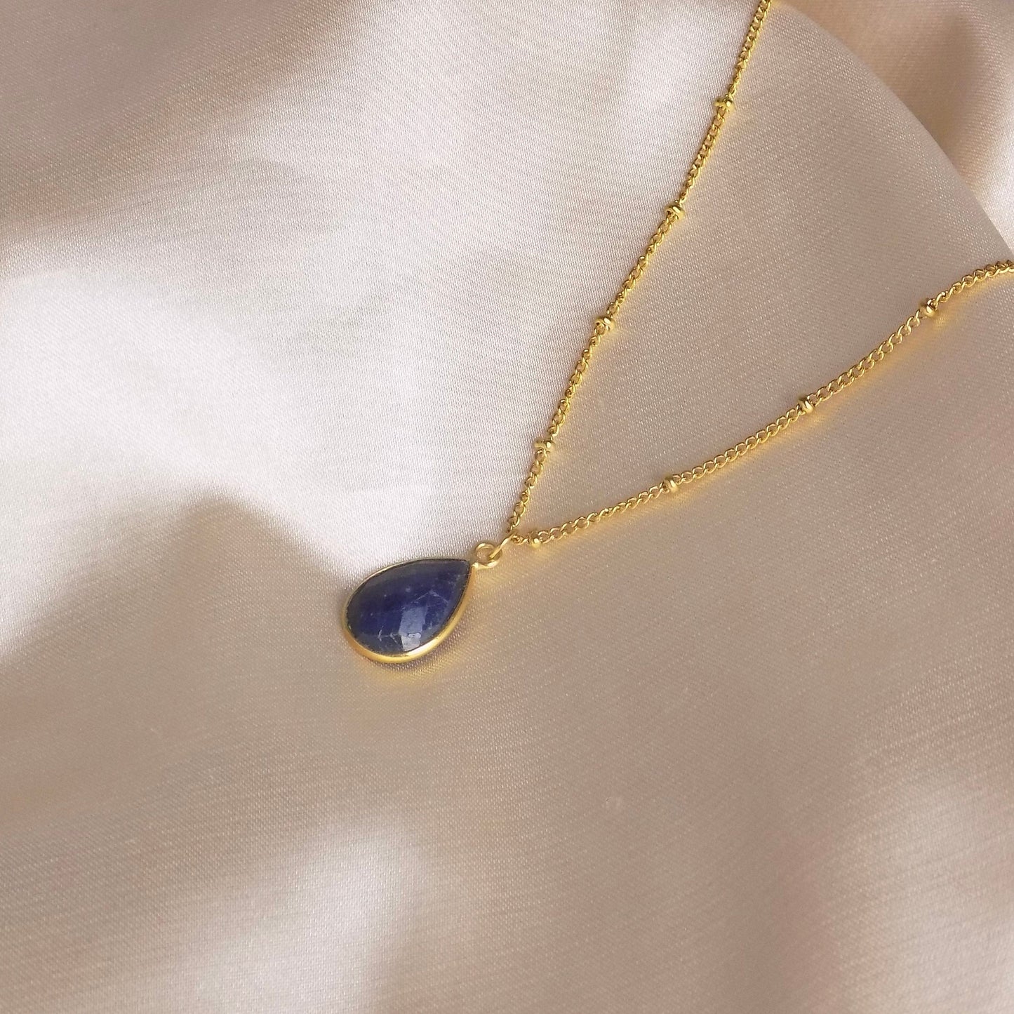 Blue Sapphire Necklace Satellite Chain 18K Gold Stainless Steel, September Birthstone, M7-72