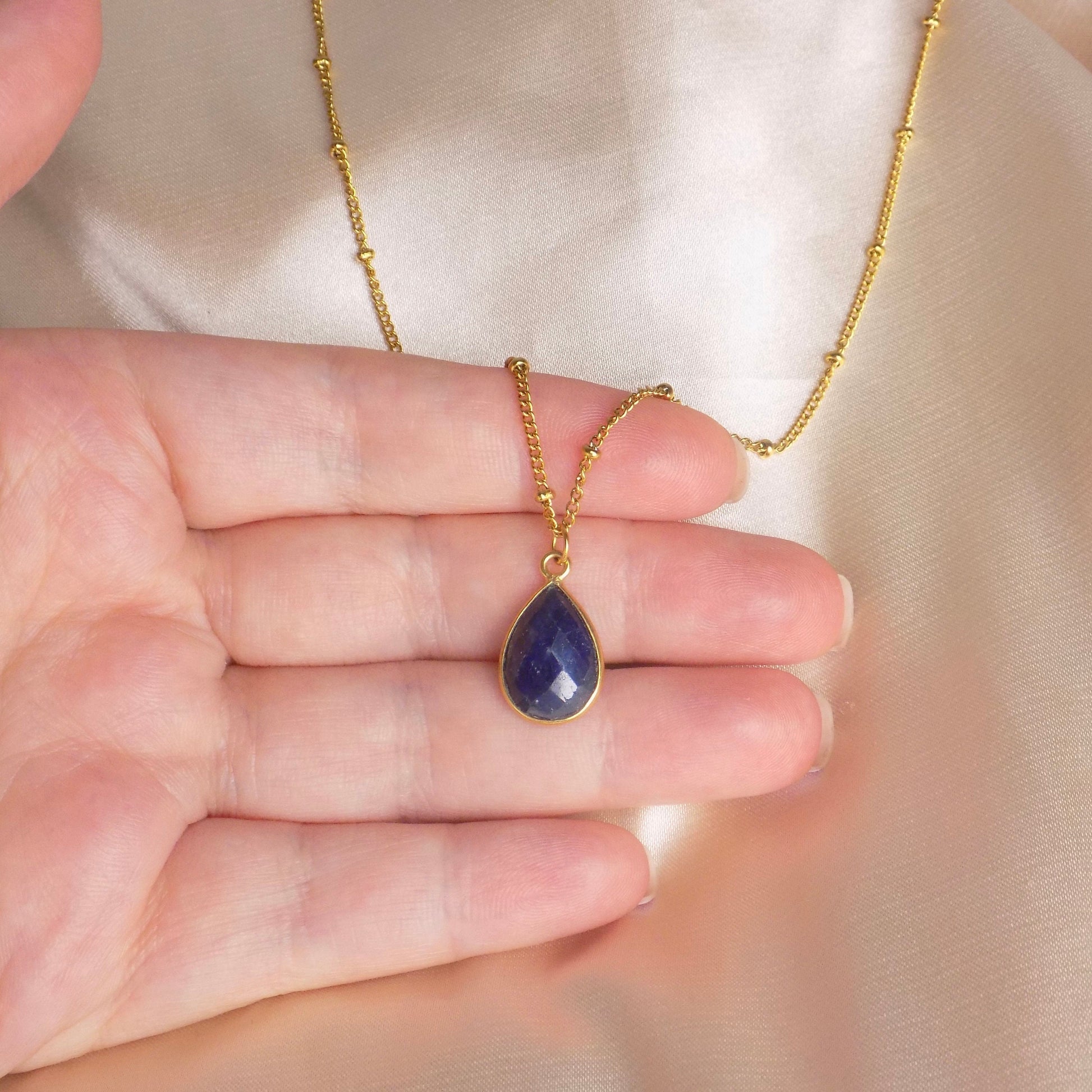 Blue Sapphire Necklace Satellite Chain 18K Gold Stainless Steel, September Birthstone, M7-72