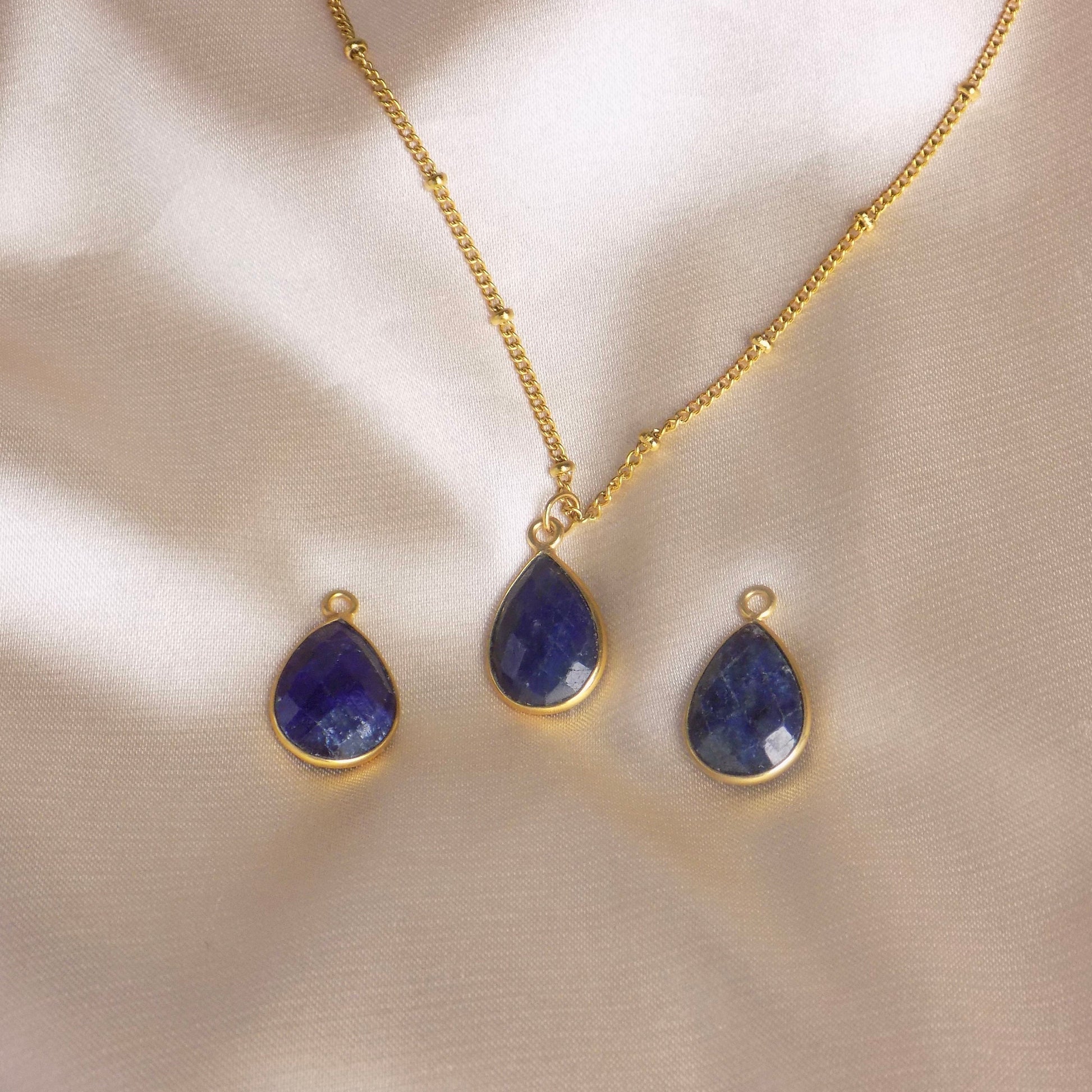 Blue Sapphire Necklace Satellite Chain 18K Gold Stainless Steel, September Birthstone, M7-72