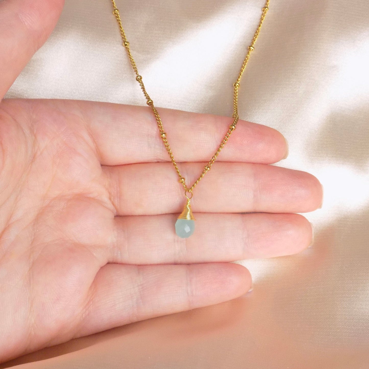 Gold Satellite Chain With Small Aqua Chalcedony Charm, 18K Gold Stainless Steel, Minimalist Layer, M7-73