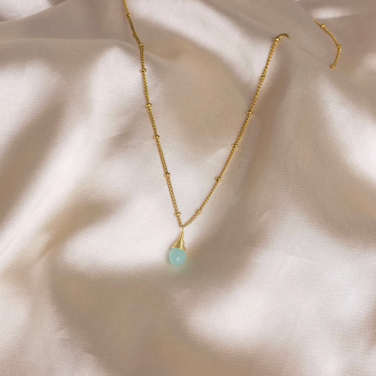 Gold Satellite Chain With Small Aqua Chalcedony Charm, 18K Gold Stainless Steel, Minimalist Layer, M7-73
