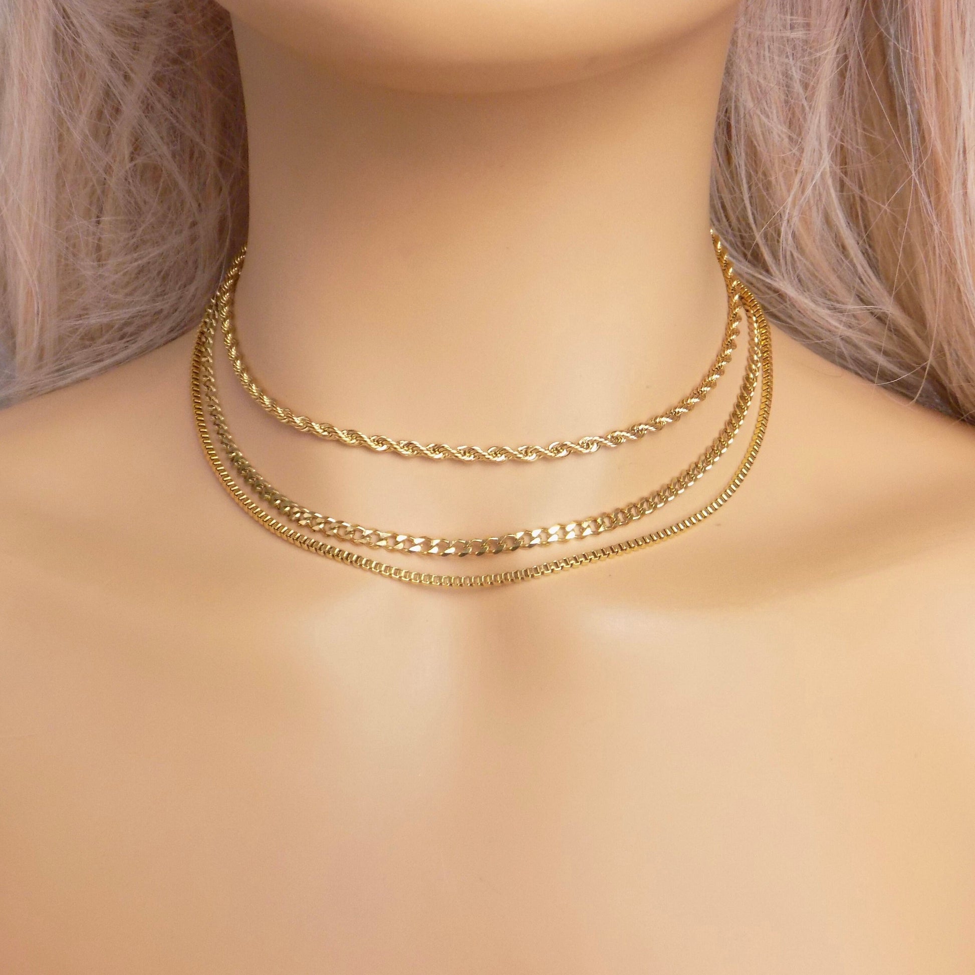 Dainty Gold Chokers For Women, 18K Gold Stainless Steel Chain, Twist Rope, Box, Flat Curb Chains, Finished Chain, Made to Order, M7-74