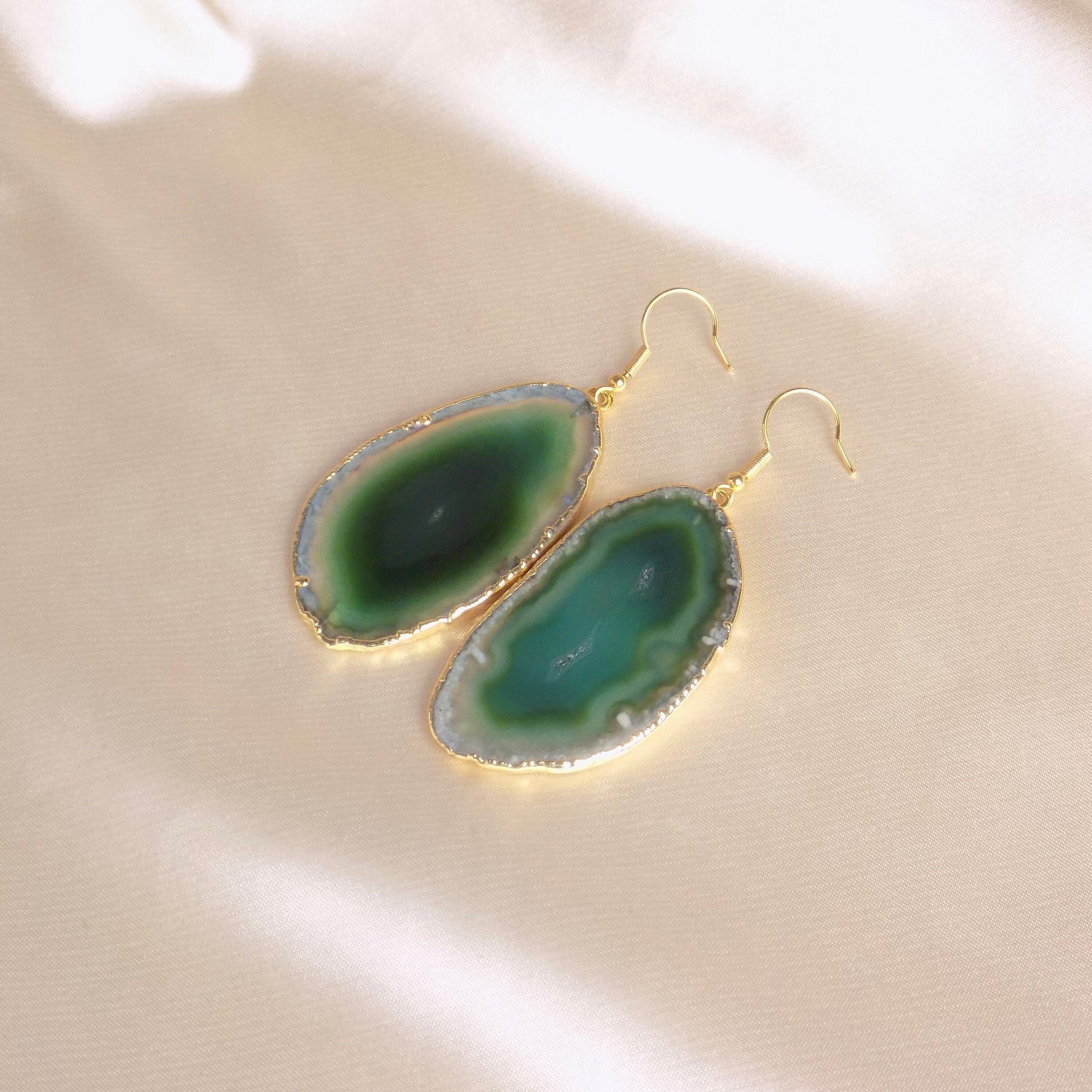 Sliced Agate Earrings, Green Dangle Drop Earrings Large Gemstone, Pierced or Clip-on, Gift For Her, G15