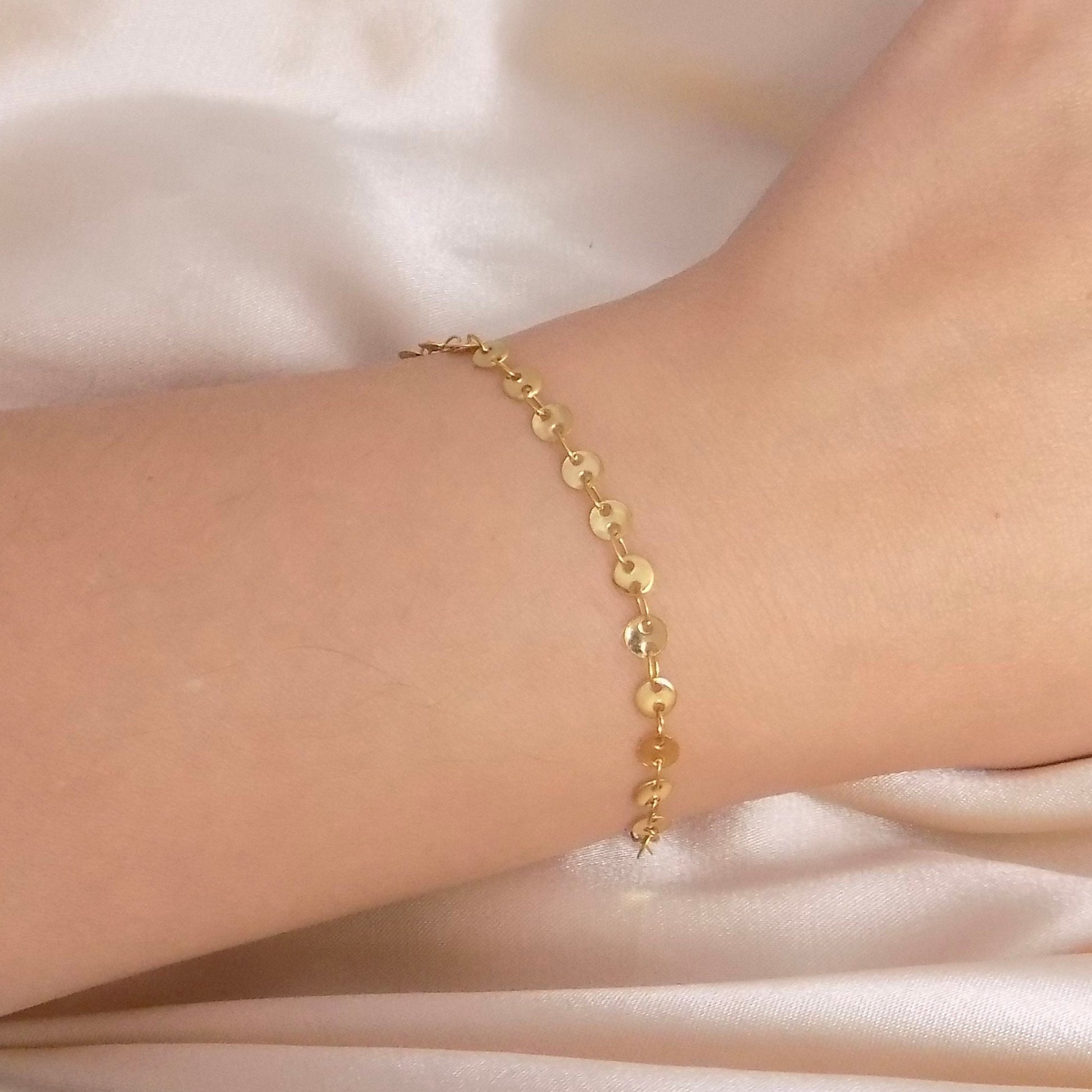 Sequin Chain Bracelet, 18K Gold Stainless Steel, Delicate Gold Layer, Dainty Super Thin Bracelet, Simple Everyday Adjustable, M7-77