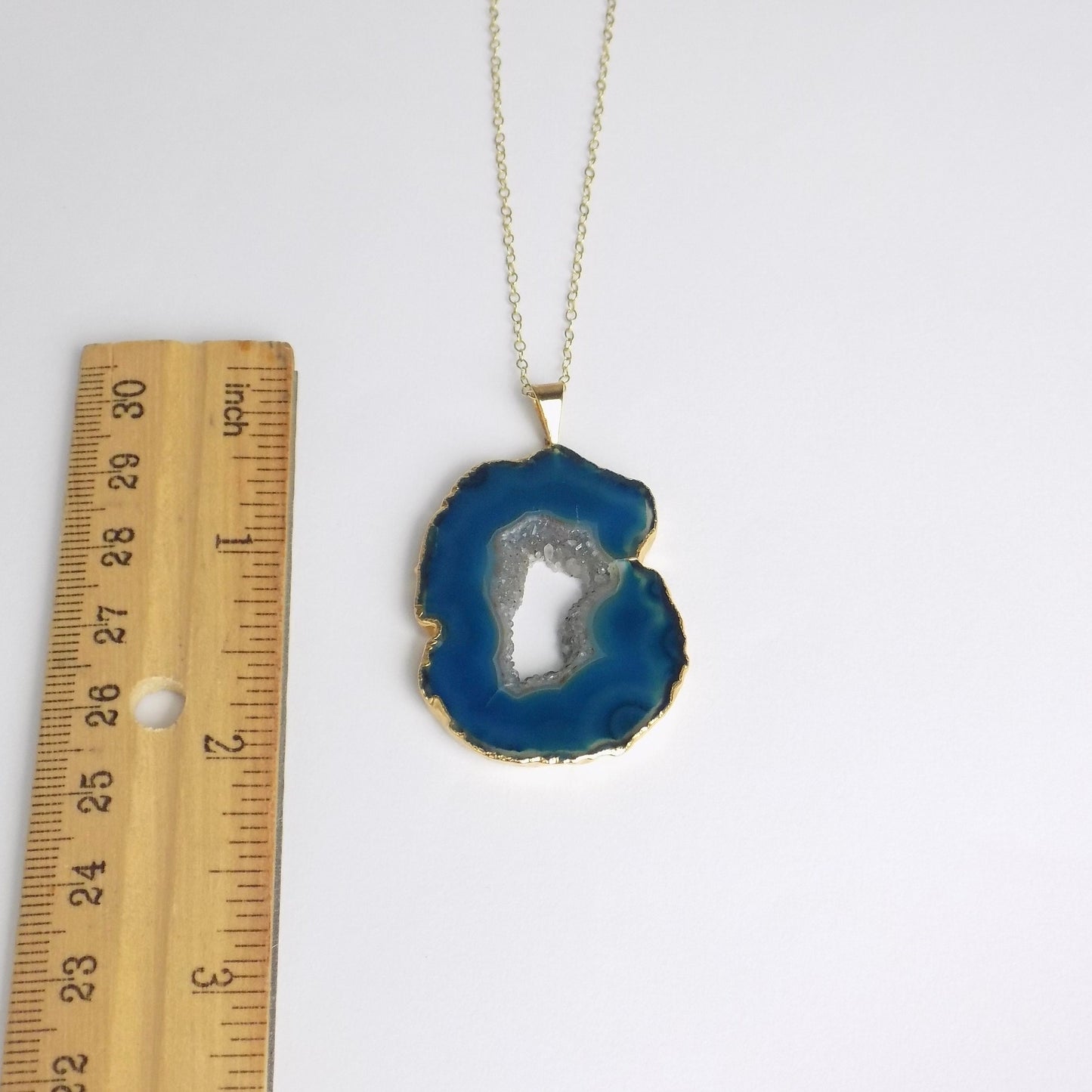 Teal Geode Necklace Gold, Boho Natural Gemstone Statement Pendant with Druzy, Gift For Her, G15-140