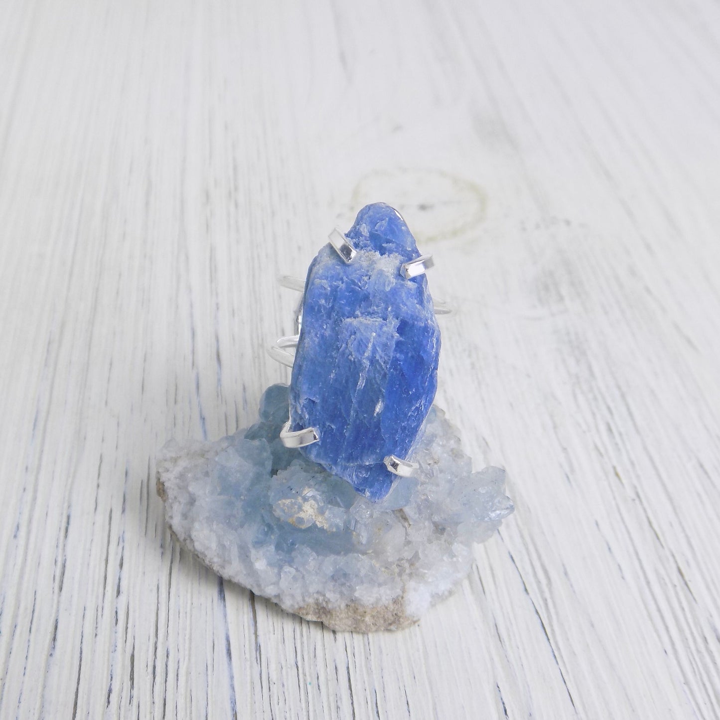 Raw Blue Kyanite Ring Silver, Adjustable Crystal Ring Large, Gifts Women, G13-355