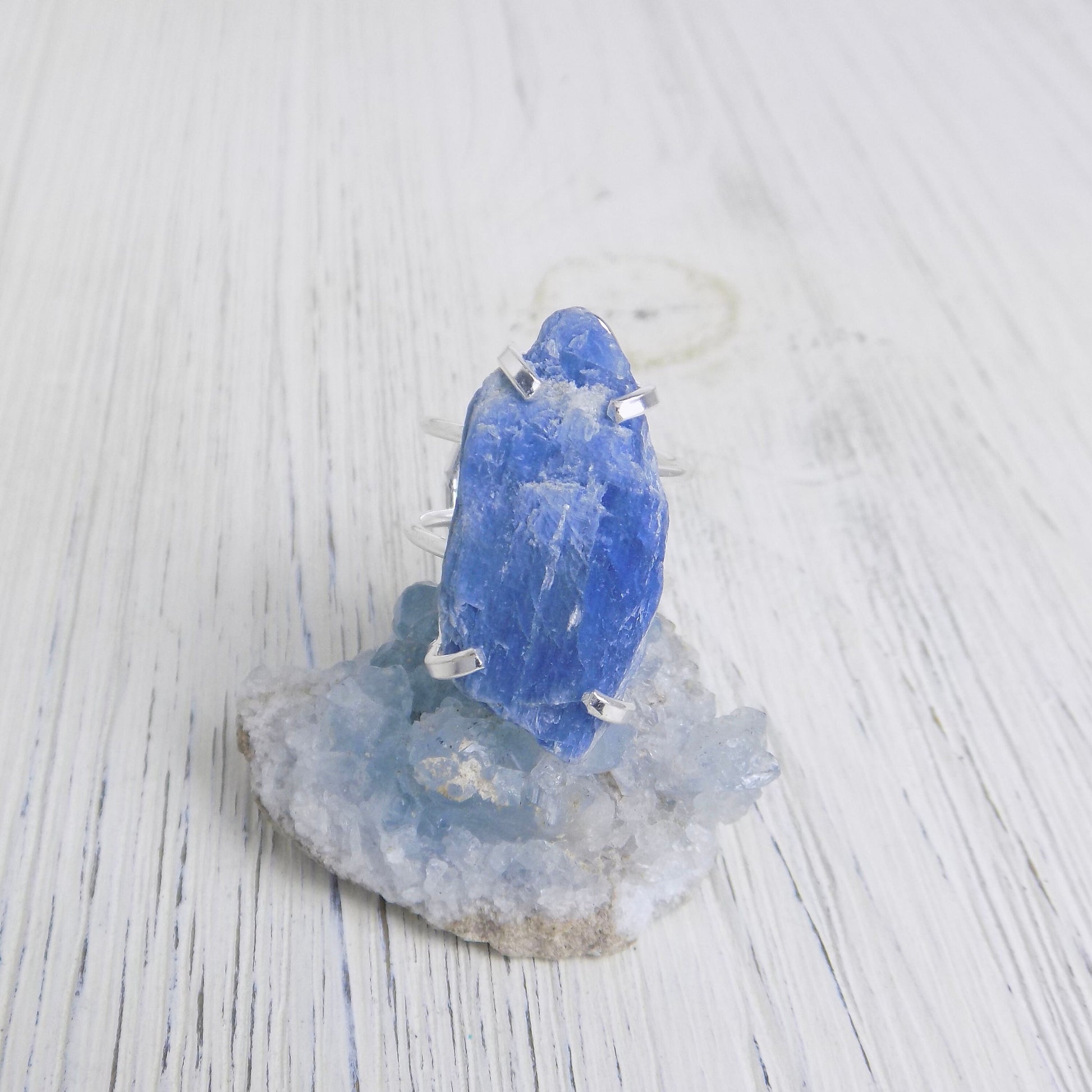Raw Blue Kyanite Ring Silver, Adjustable Crystal Ring Large, Gifts Women, G13-355