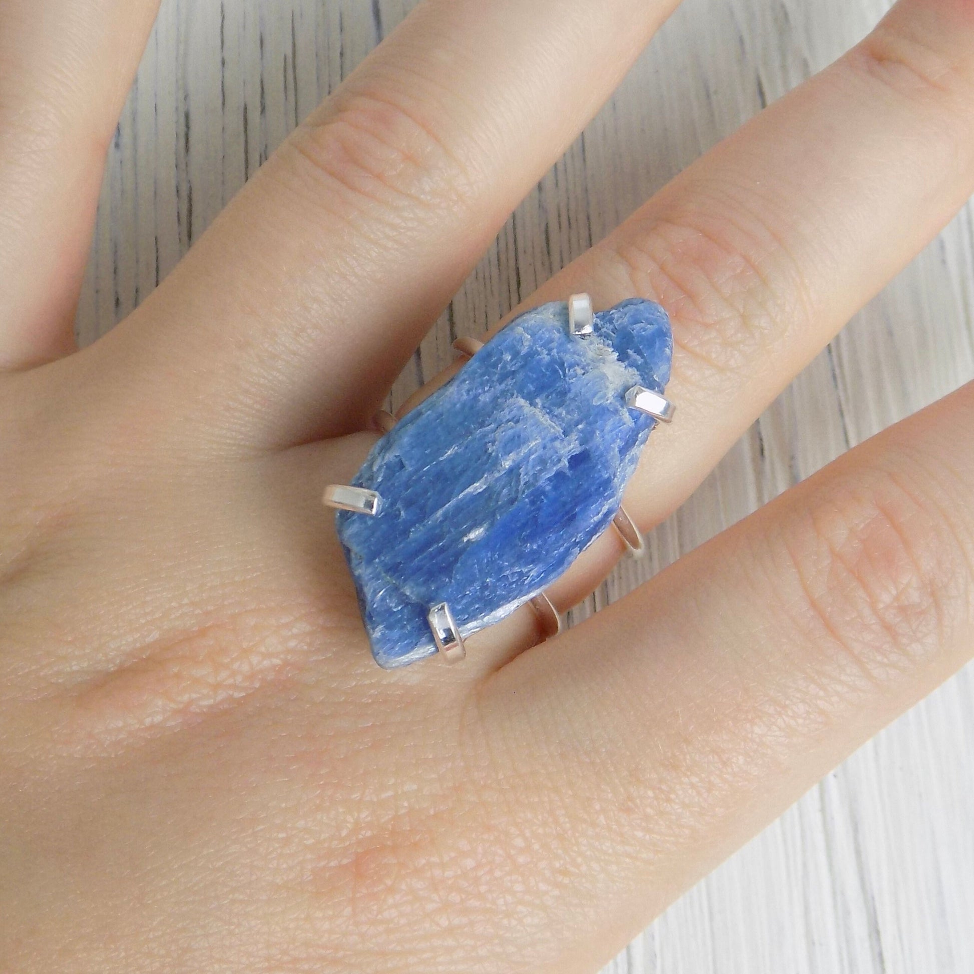 Raw Blue Kyanite Ring Silver, Adjustable Crystal Ring Large, Gifts Women, G13-355