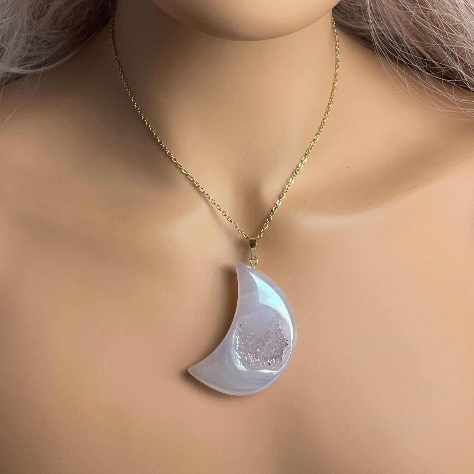 Aura Quartz Geode Necklace Gold, Unique Iridescent Crescent Moon Crystal Jewelry Boho, Gift For Her, M7-63