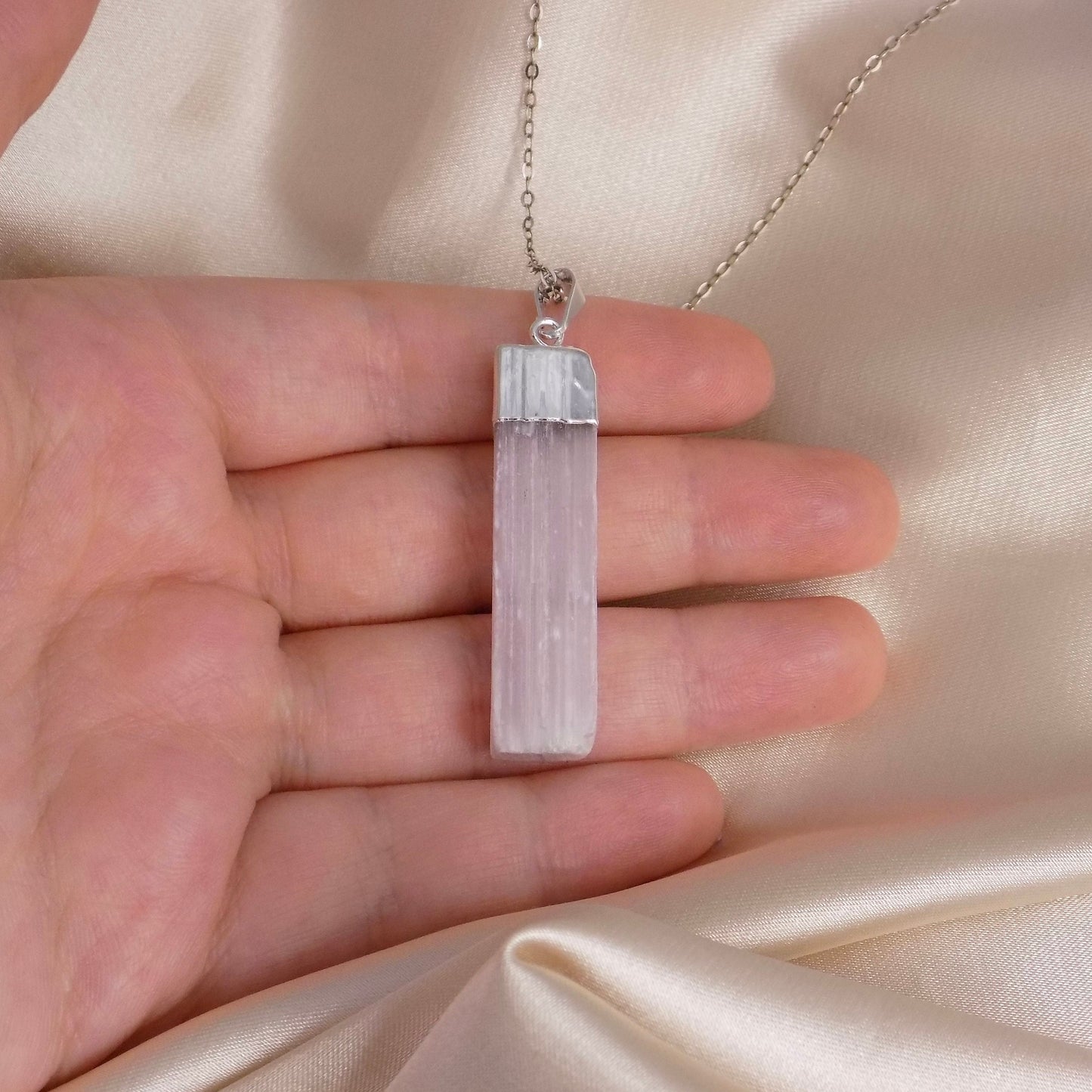 Pink Selenite Necklace Silver, Raw Selenite Natural Gemstone Pendant, Boho Cleansing Crystal Jewelry, G15-141