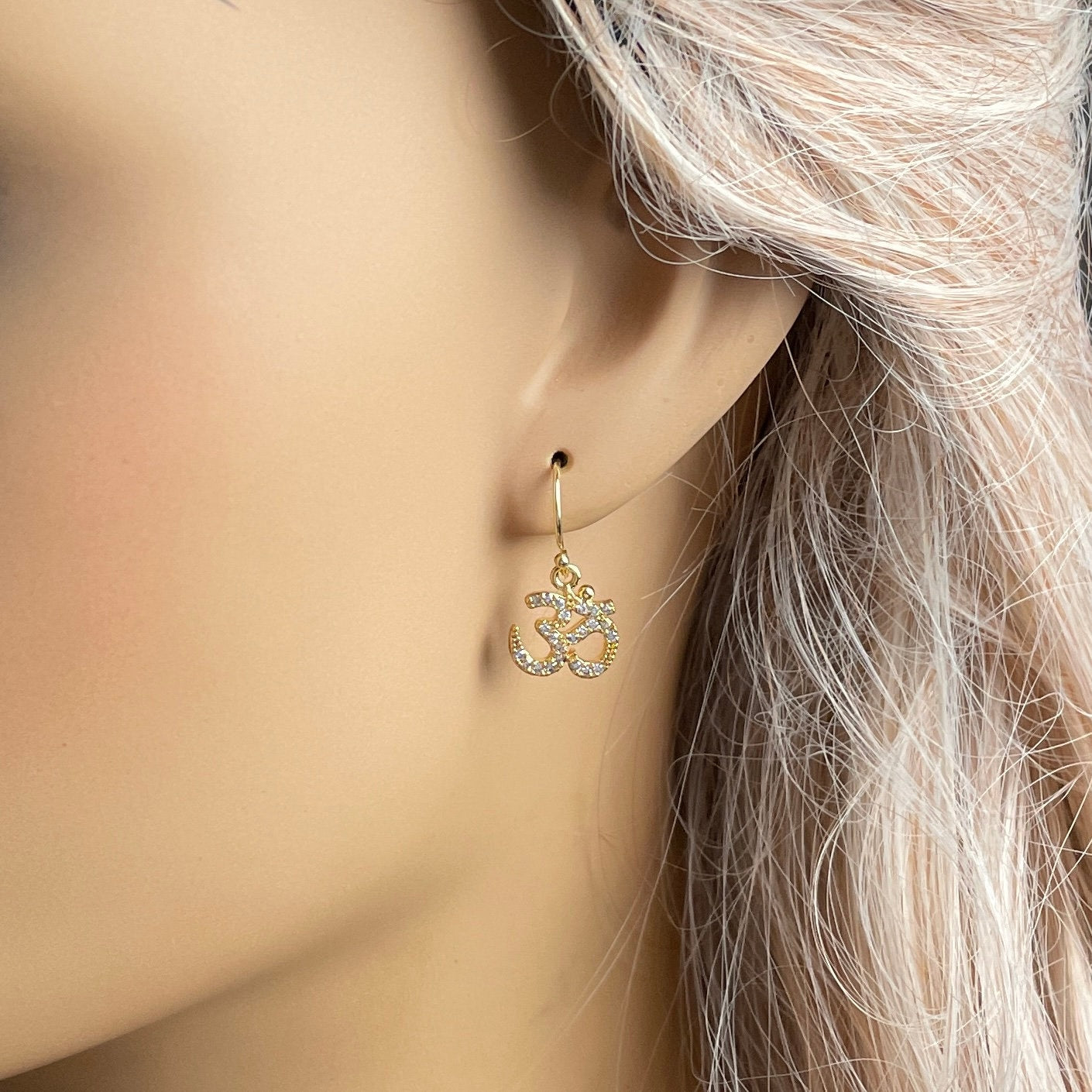 Gift Women, Gold Ohm Om Minimalist Earrings Zircon, Delicate CZ Drop Earring, M5-611