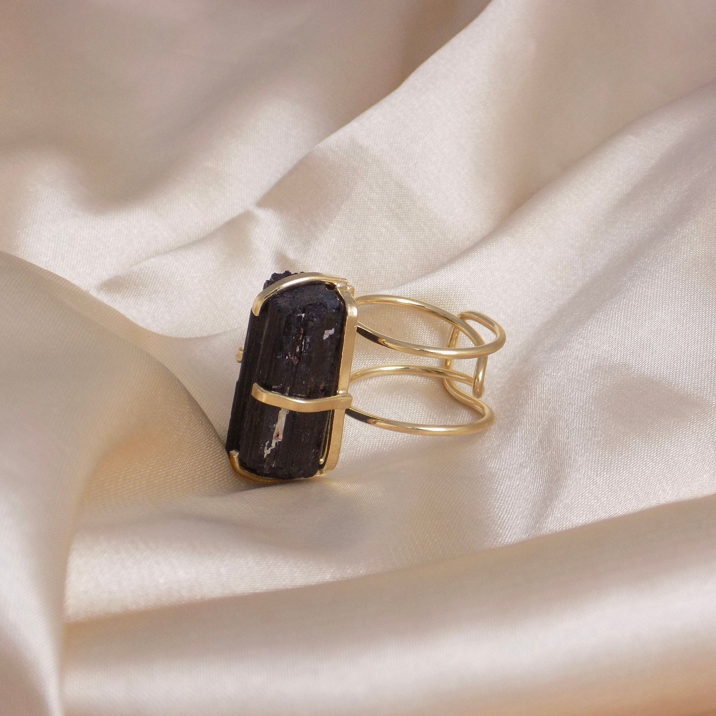 Black Tourmaline Ring - Raw Tourmaline Ring - Black Crystal Ring - Statement Ring - Raw Stone Ring Gold Adjust Boho Rings For Women G14-180
