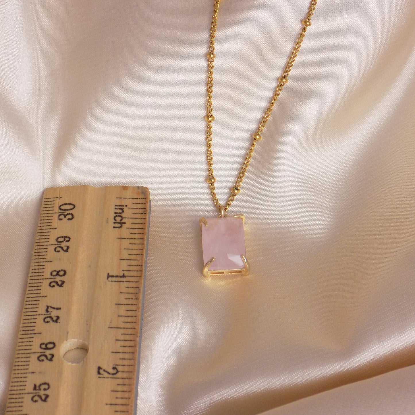 Square Rose Quartz Pendant on Satellite Chain 18K Gold Plated - Stunning Gemstone Jewelry