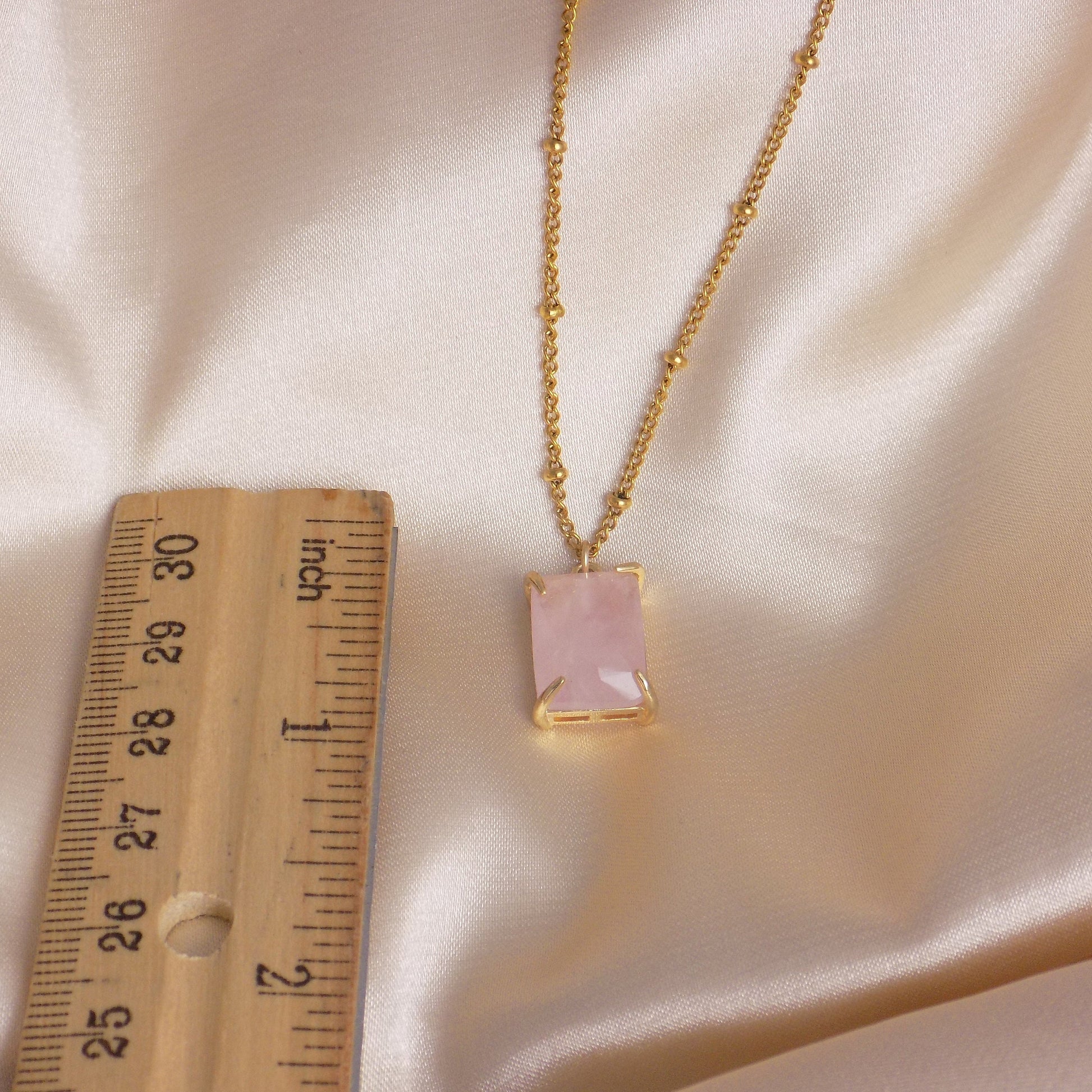 Square Rose Quartz Pendant on Satellite Chain 18K Gold Plated - Stunning Gemstone Jewelry