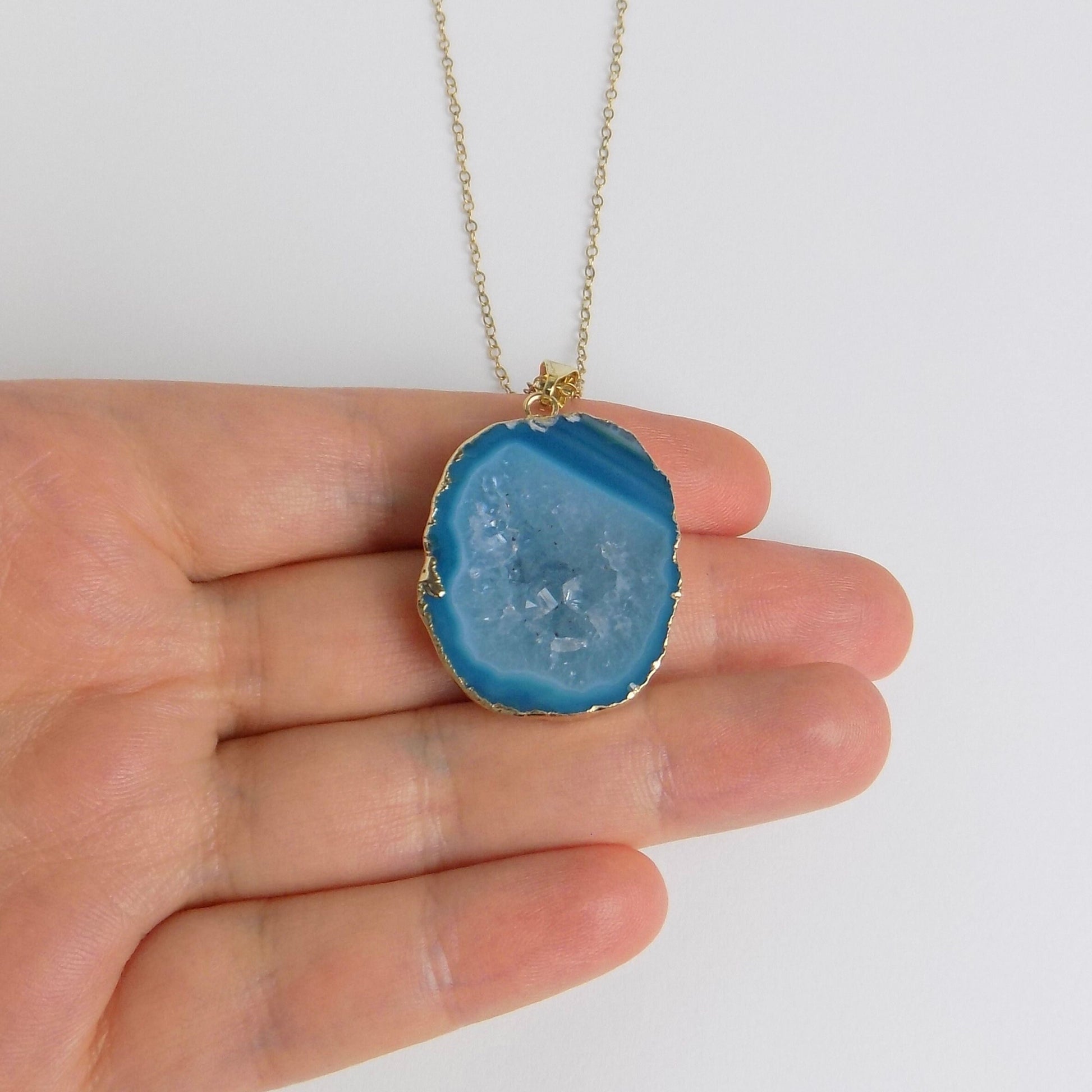 Natural Geode Cave Gemstone Necklace Gold With Sparkly Druzy Center Teal Crystal, G14-213