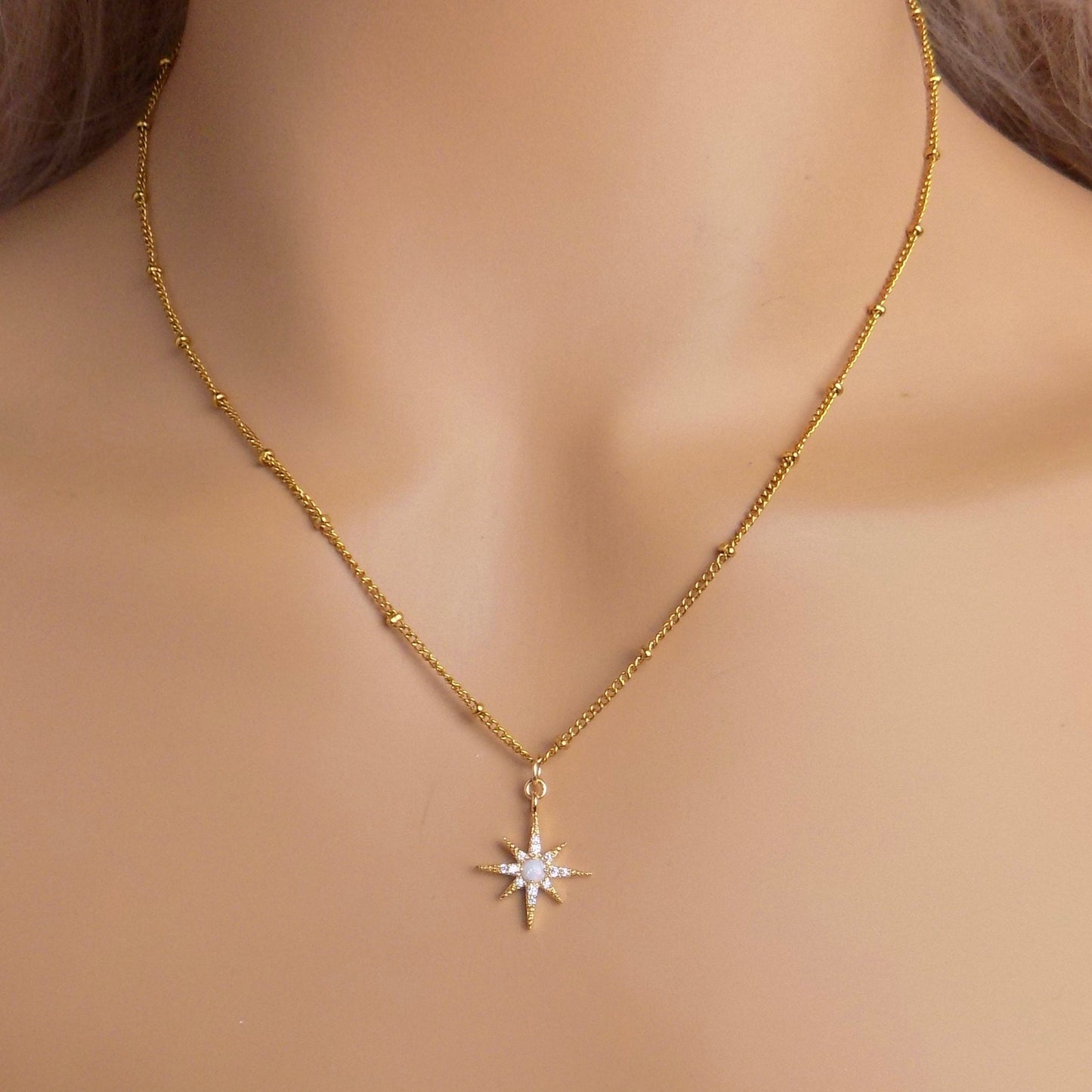 Opal Starburst Charm on Satellite Chain 18K Gold Plated - CZ Minimalist Gemstone Jewelry