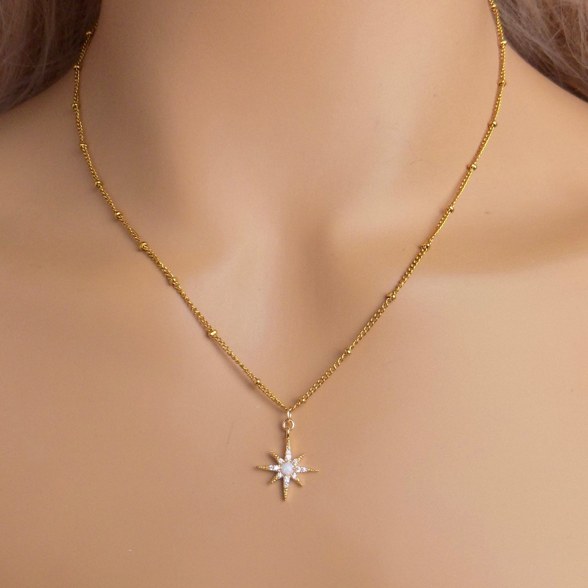 Opal Starburst Charm on Satellite Chain 18K Gold Plated - CZ Minimalist Gemstone Jewelry