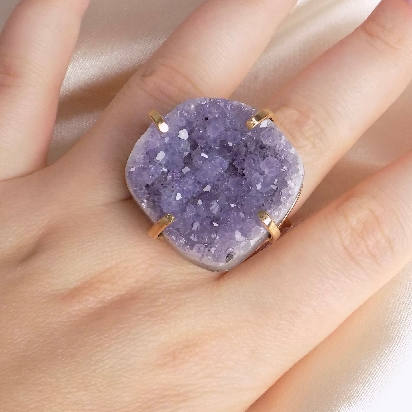 Large Amethyst Ring Gold Adjustable, Purple Raw Druzy Ring For Women, Statement Crystal Ring, Christmas Gift Women, G15-149