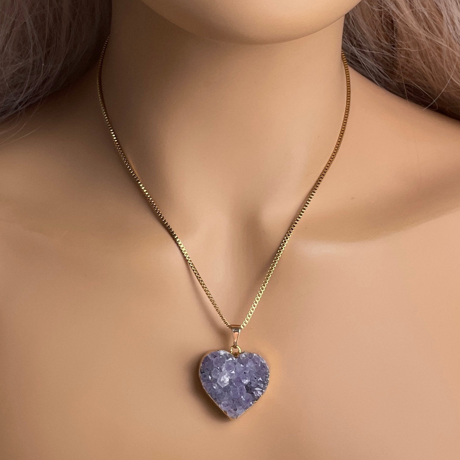 Amethyst Heart Necklace Gold, Box Chain 18K Gold Stainless Steel, Mom Gift, Wife Gift, Best Friend Gifts, G15-151