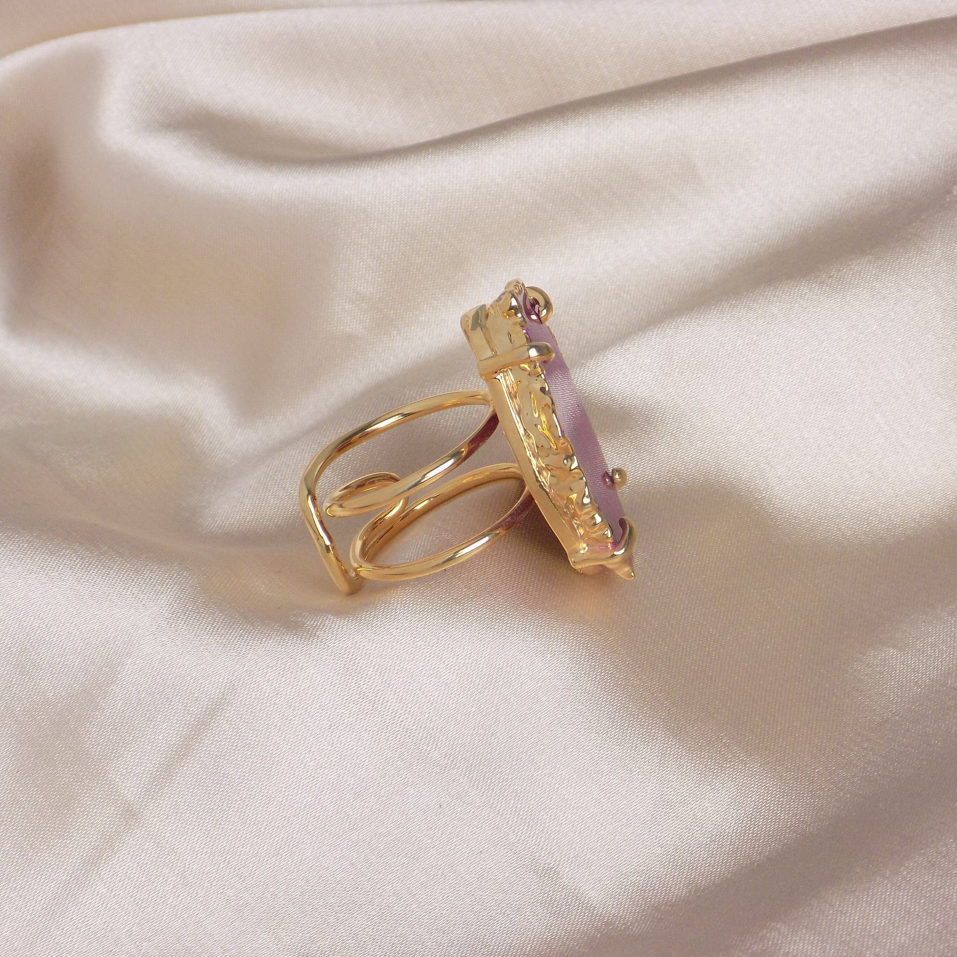 Bohemian Pink Agate Ring Gold - Geode Slice Statement Ring