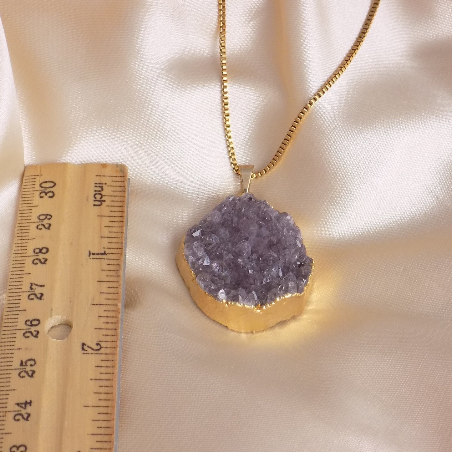 Large Amethyst Necklace Gold - Box Chain 18K Gold Stainless Steel