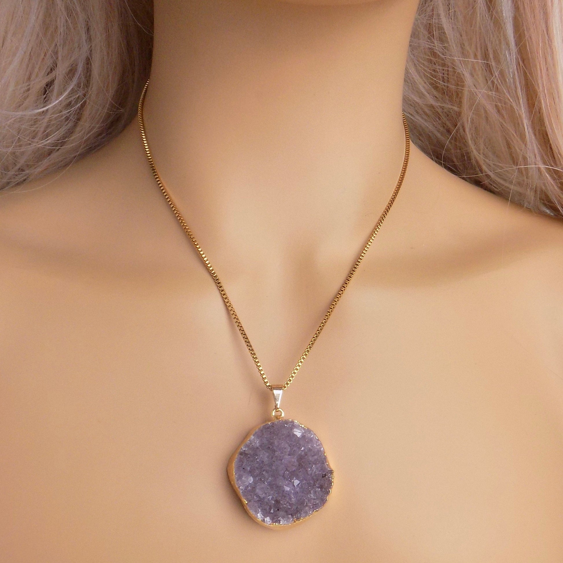 Large Amethyst Necklace Gold - Box Chain 18K Gold Stainless Steel