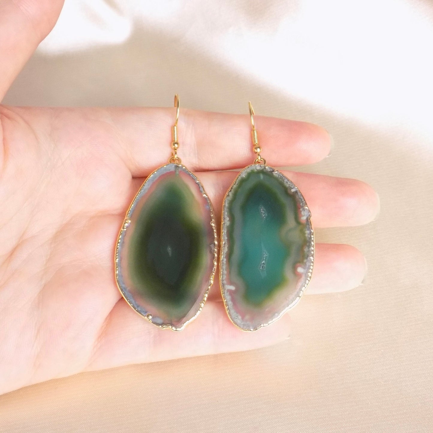 Sliced Agate Earrings, Green Dangle Drop Earrings Large Gemstone, Pierced or Clip-on, Gift For Her, G15