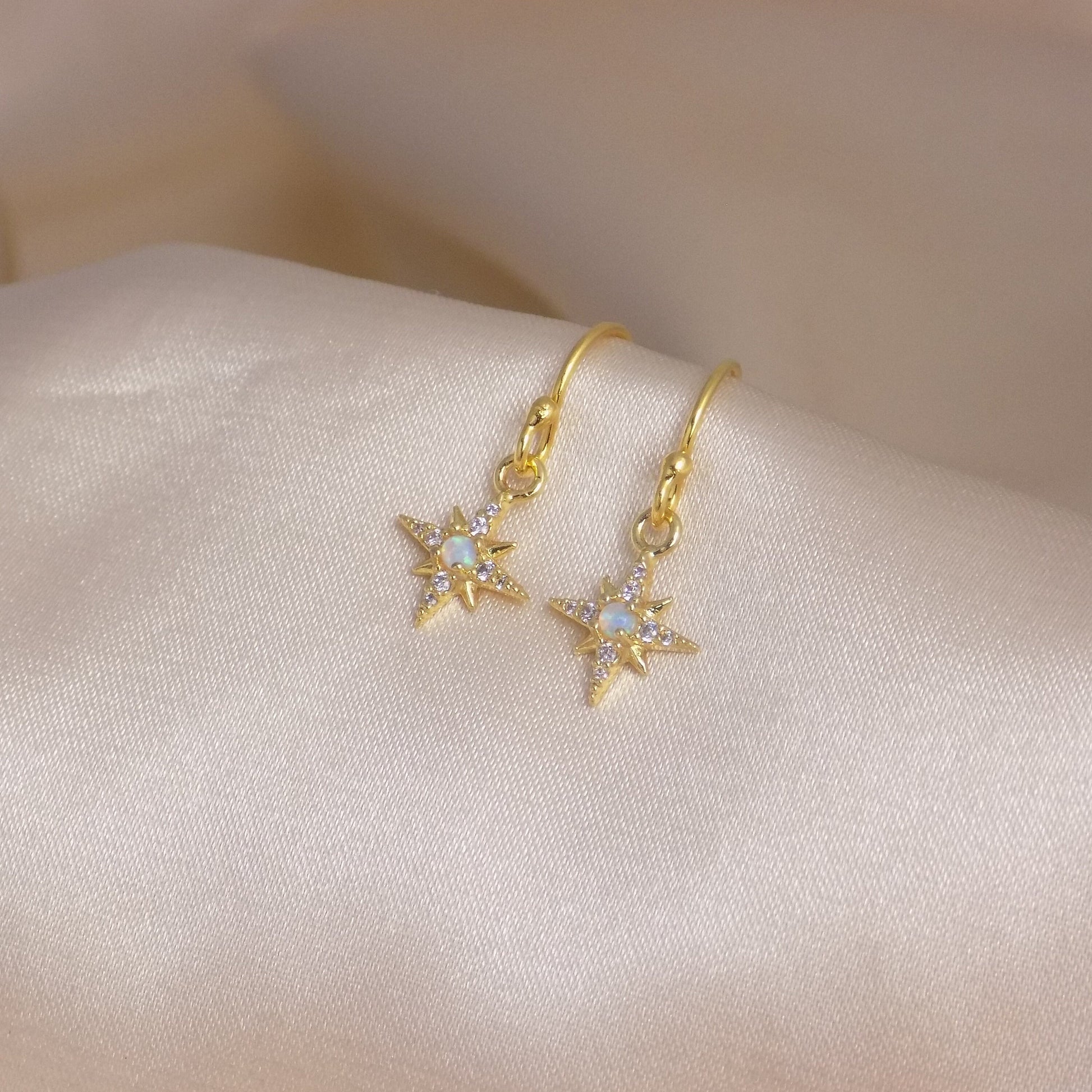 Gold Opal Star Earrings - Tiny Drop Opal Earring
