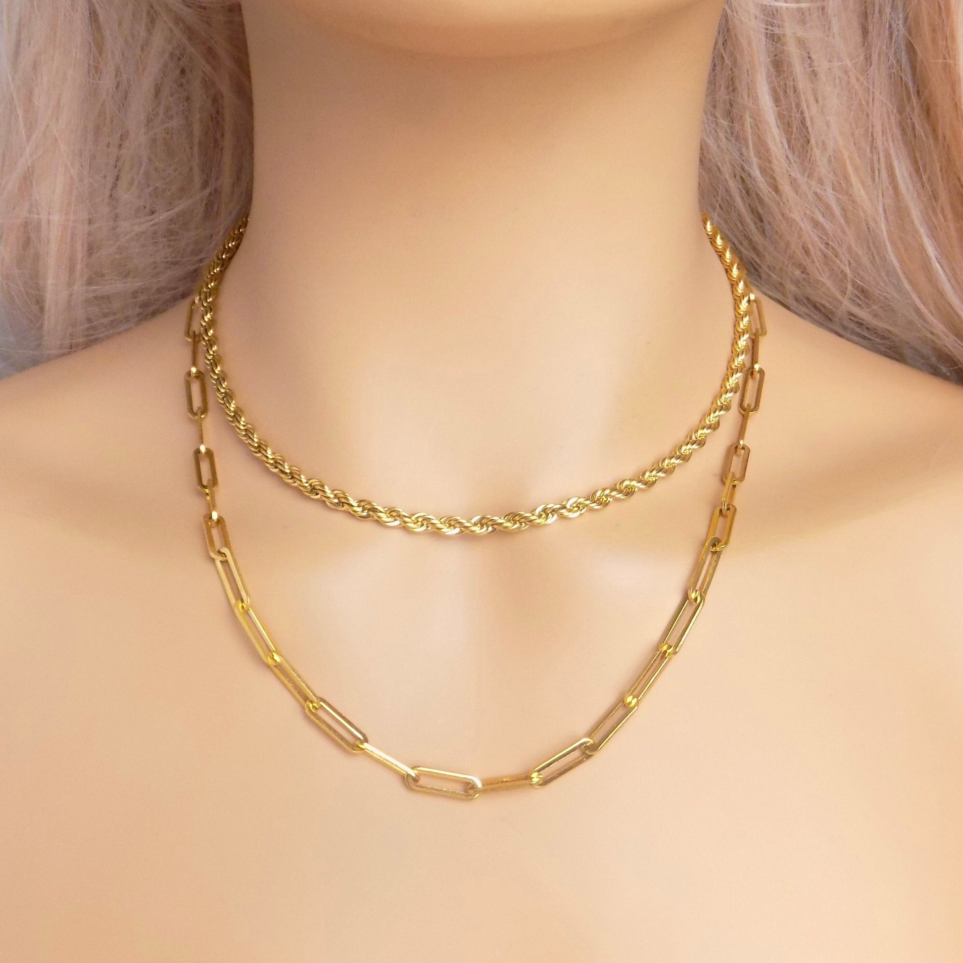 Gold Chunky Necklaces For Women, 18K Gold Stainless Steel Chain, Twist Rope, Paperclip Chain, Finished Chains, Made to Order, M7-76