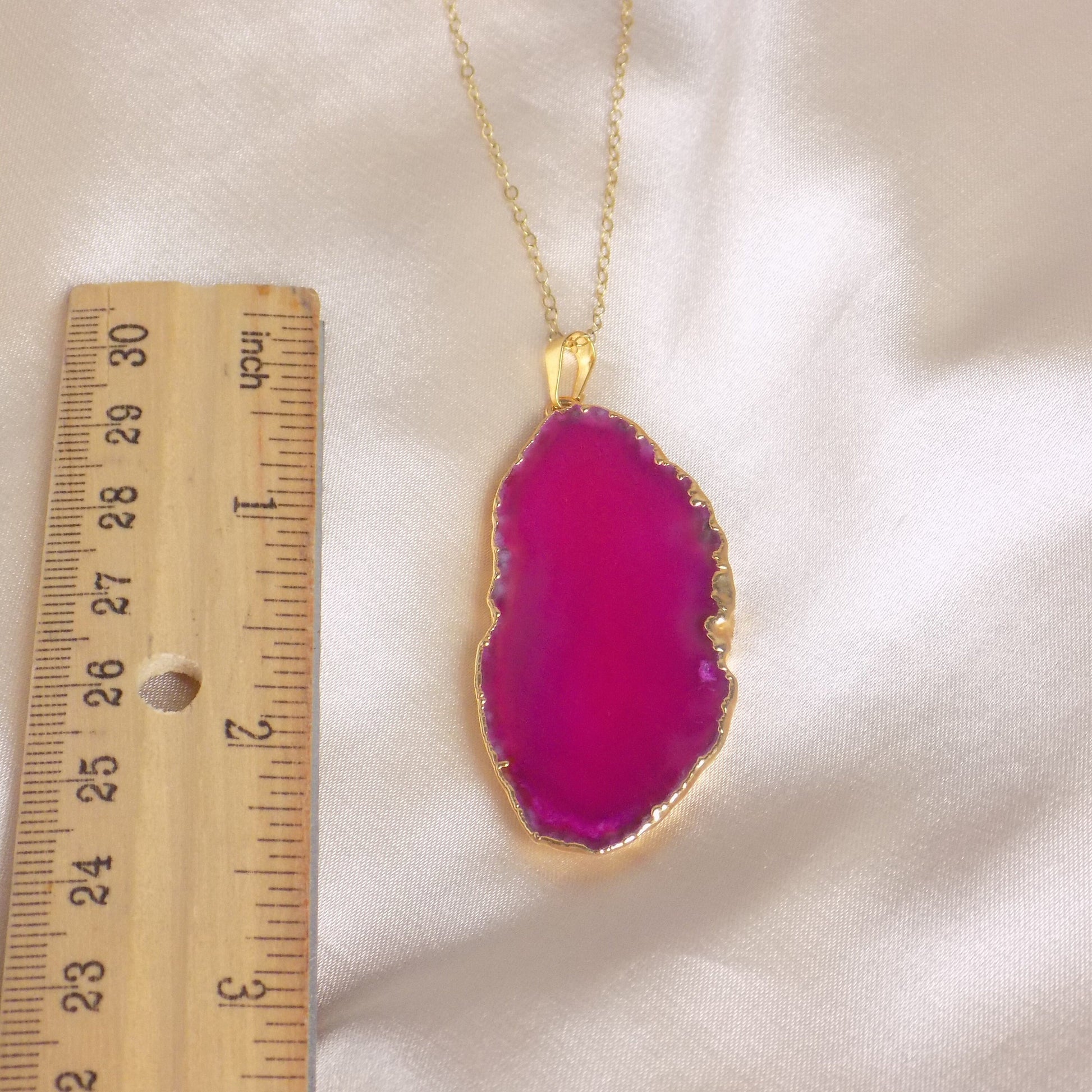 Hot Pink Agate Slice Gemstone Necklace Gold, Boho Long Layer, Gift For Mom, G15-174