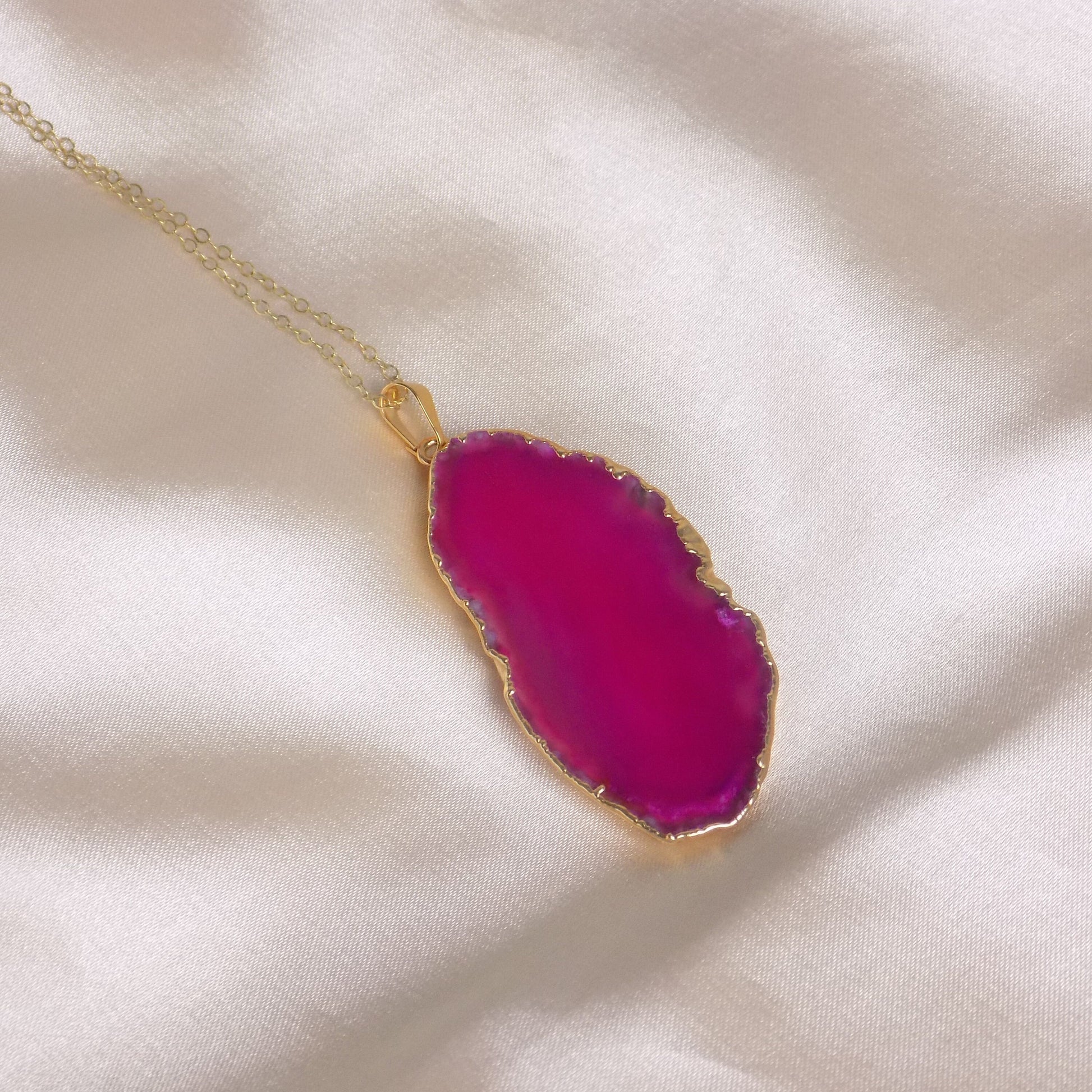 Hot Pink Agate Slice Gemstone Necklace Gold, Boho Long Layer, Gift For Mom, G15-174