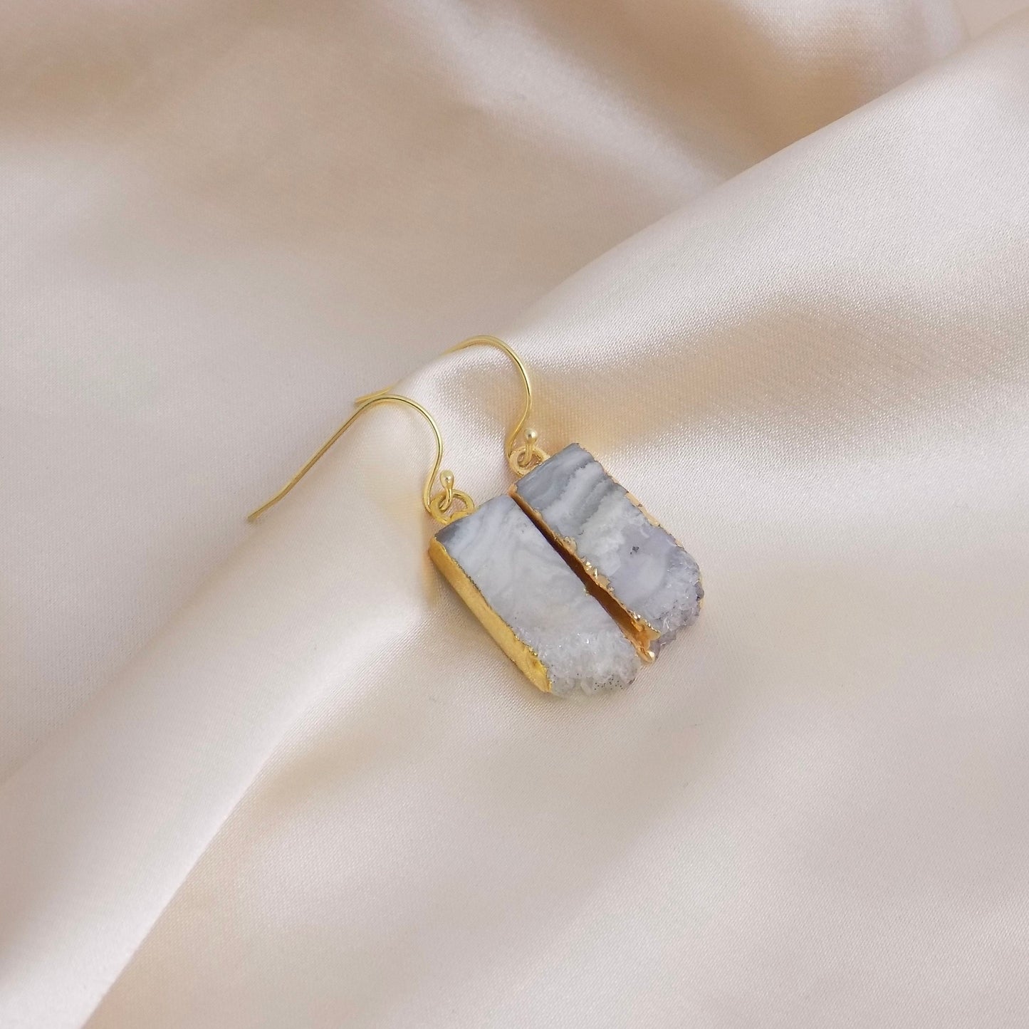 February Birthstone Raw Amethyst Slice Earrings Gold, Brown Druzy Crystal, M6-86