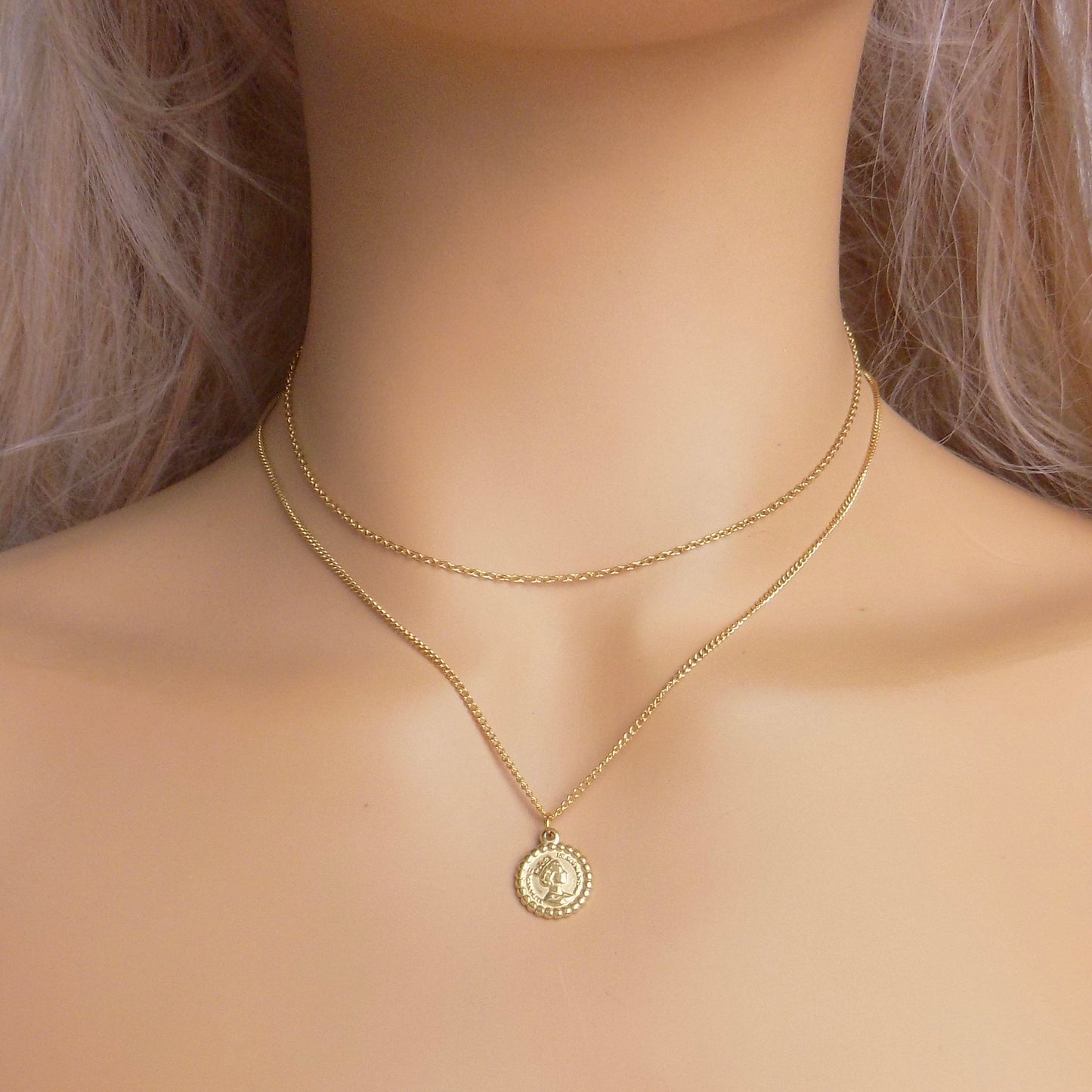 Dainty Chain Necklace Set of Two, Gold Coin Necklace, 18K Gold Stainless Steel, Minimalist Jewelry, M7-83