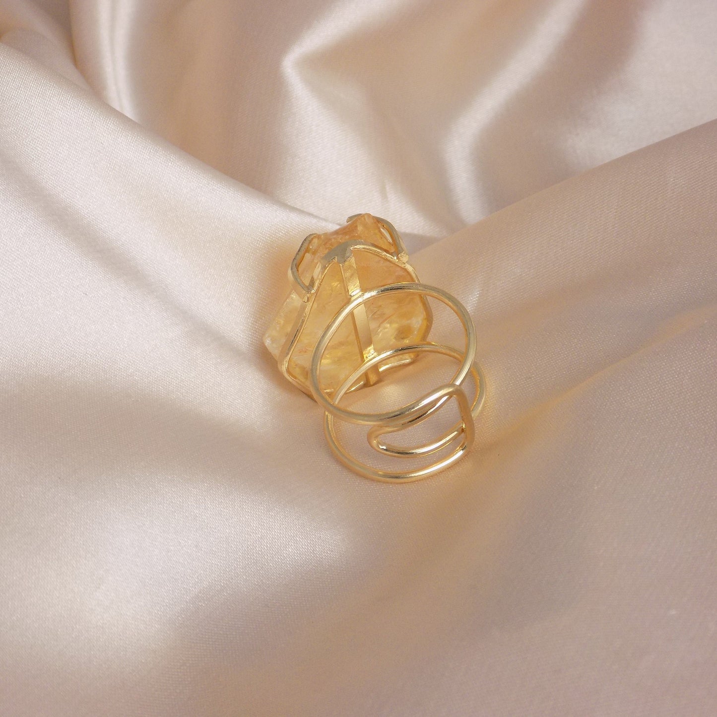 Large Citrine Ring - Raw Natural Citrine Ring Gold Plated Adjustable Band