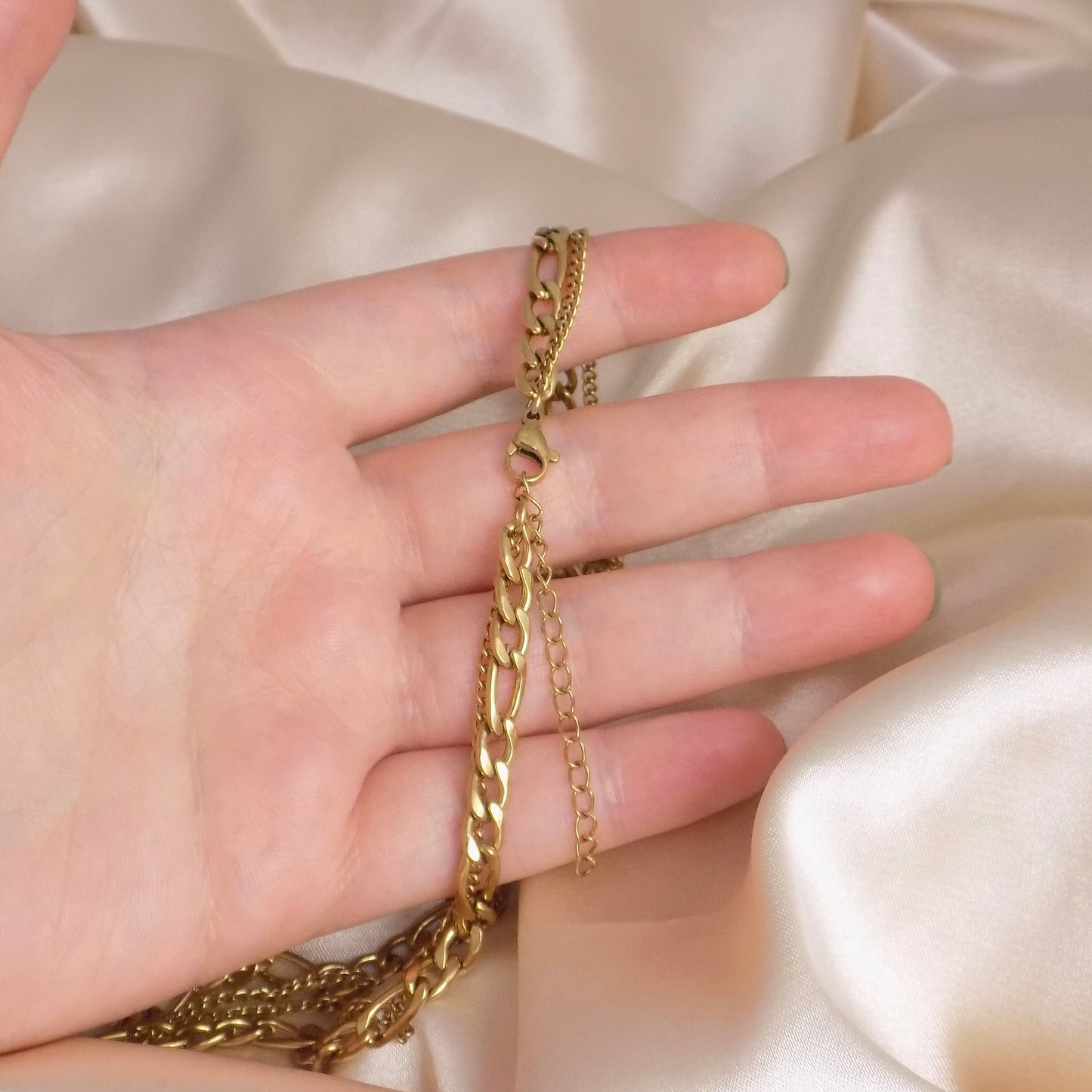 Chunky Chain Necklace Set of Two, Figaro Link Chain, 18K Gold Stainless Steel, Modern Jewelry, M7-85