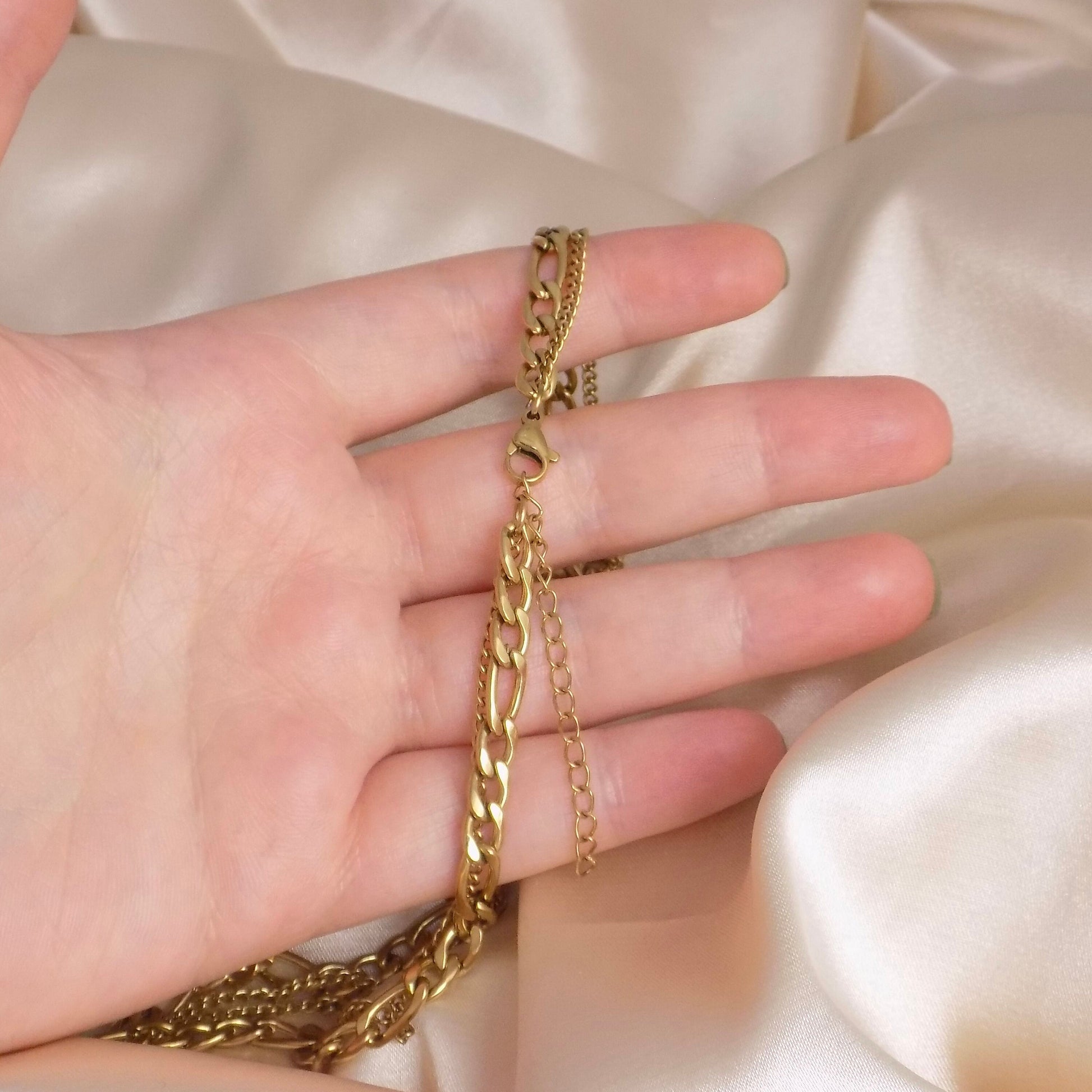 Chunky Chain Necklace Set of Two, Figaro Link Chain, 18K Gold Stainless Steel, Modern Jewelry, M7-85