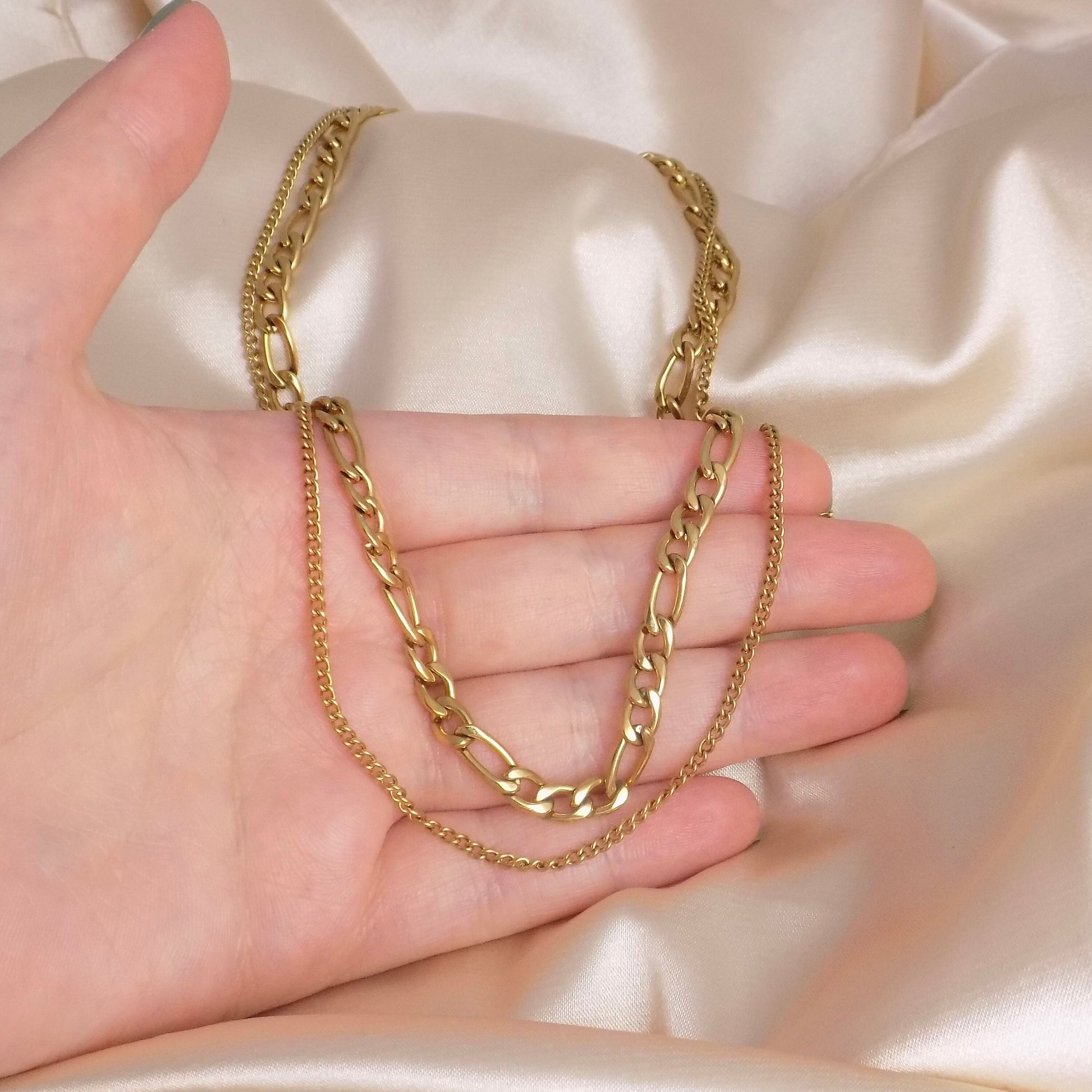 Chunky Chain Necklace Set of Two, Figaro Link Chain, 18K Gold Stainless Steel, Modern Jewelry, M7-85