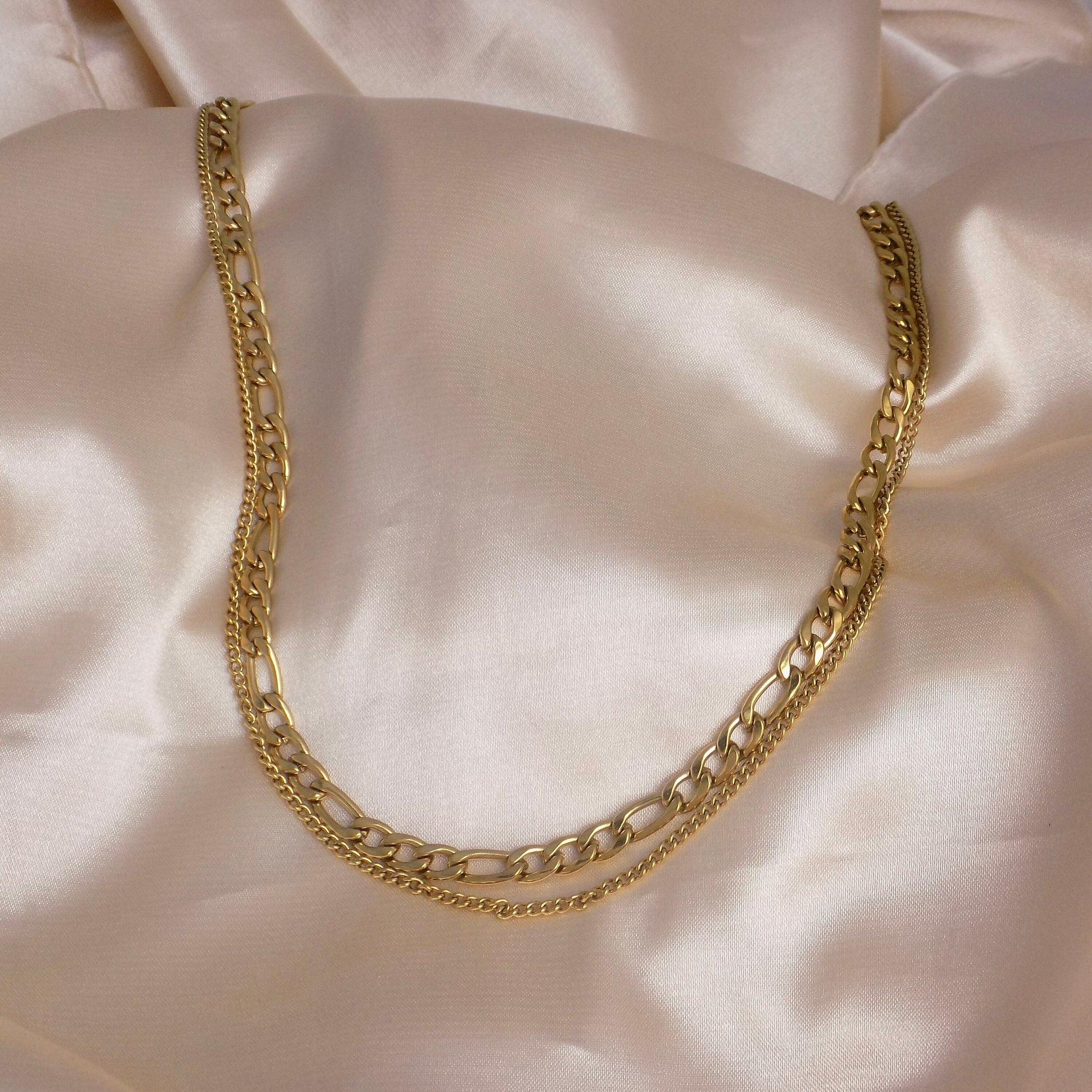 Chunky Chain Necklace Set of Two, Figaro Link Chain, 18K Gold Stainless Steel, Modern Jewelry, M7-85
