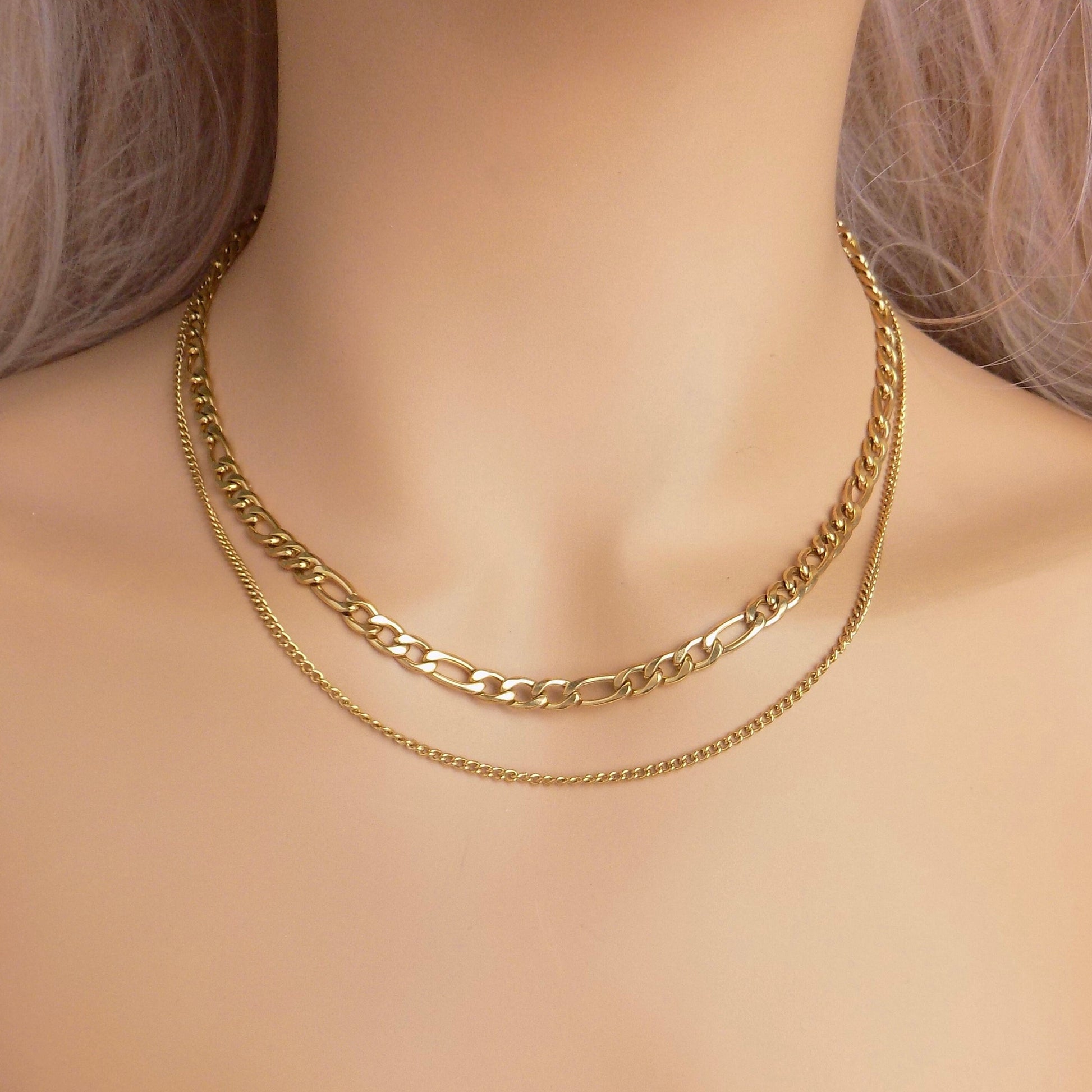 Chunky Chain Necklace Set of Two, Figaro Link Chain, 18K Gold Stainless Steel, Modern Jewelry, M7-85
