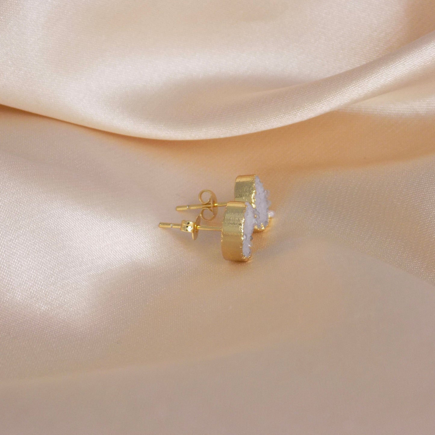 Light Gray Druzy Gemstone Stud Earrings Gold, 10mm Raw Gemstone, Mothers Day Gift, M6-762