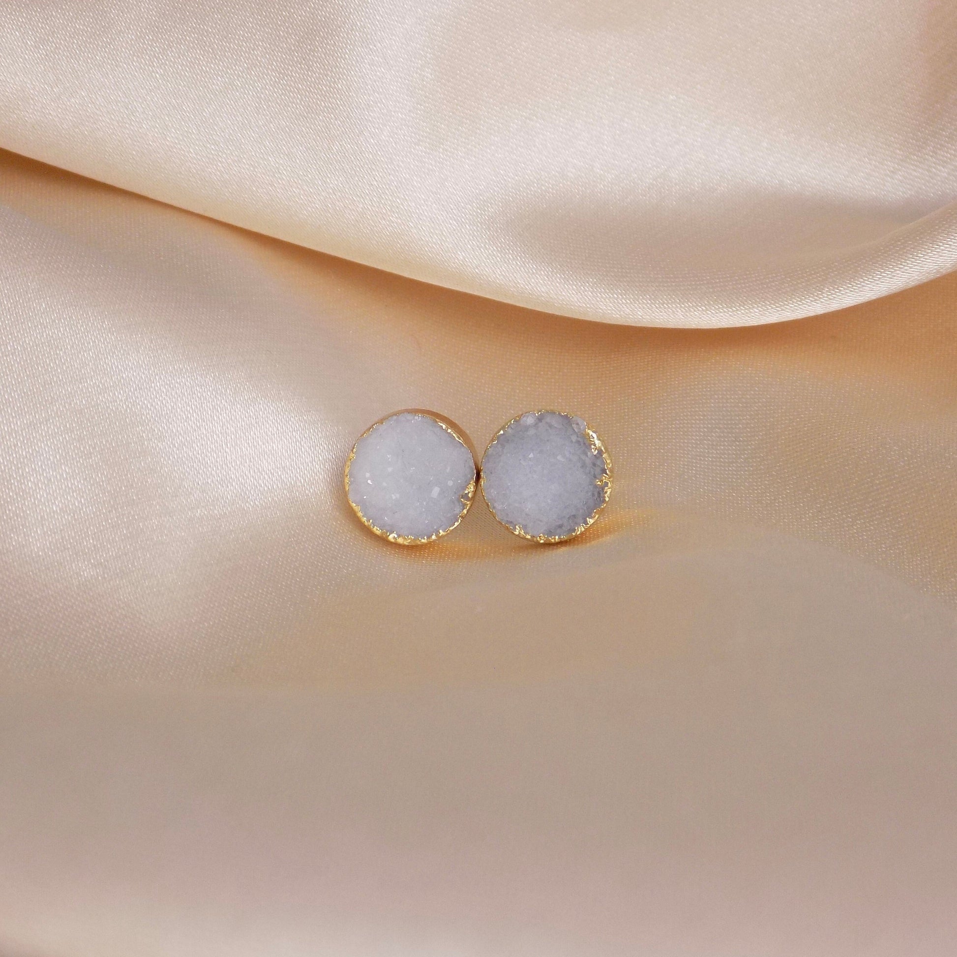 Light Gray Druzy Gemstone Stud Earrings Gold, 10mm Raw Gemstone, Mothers Day Gift, M6-762